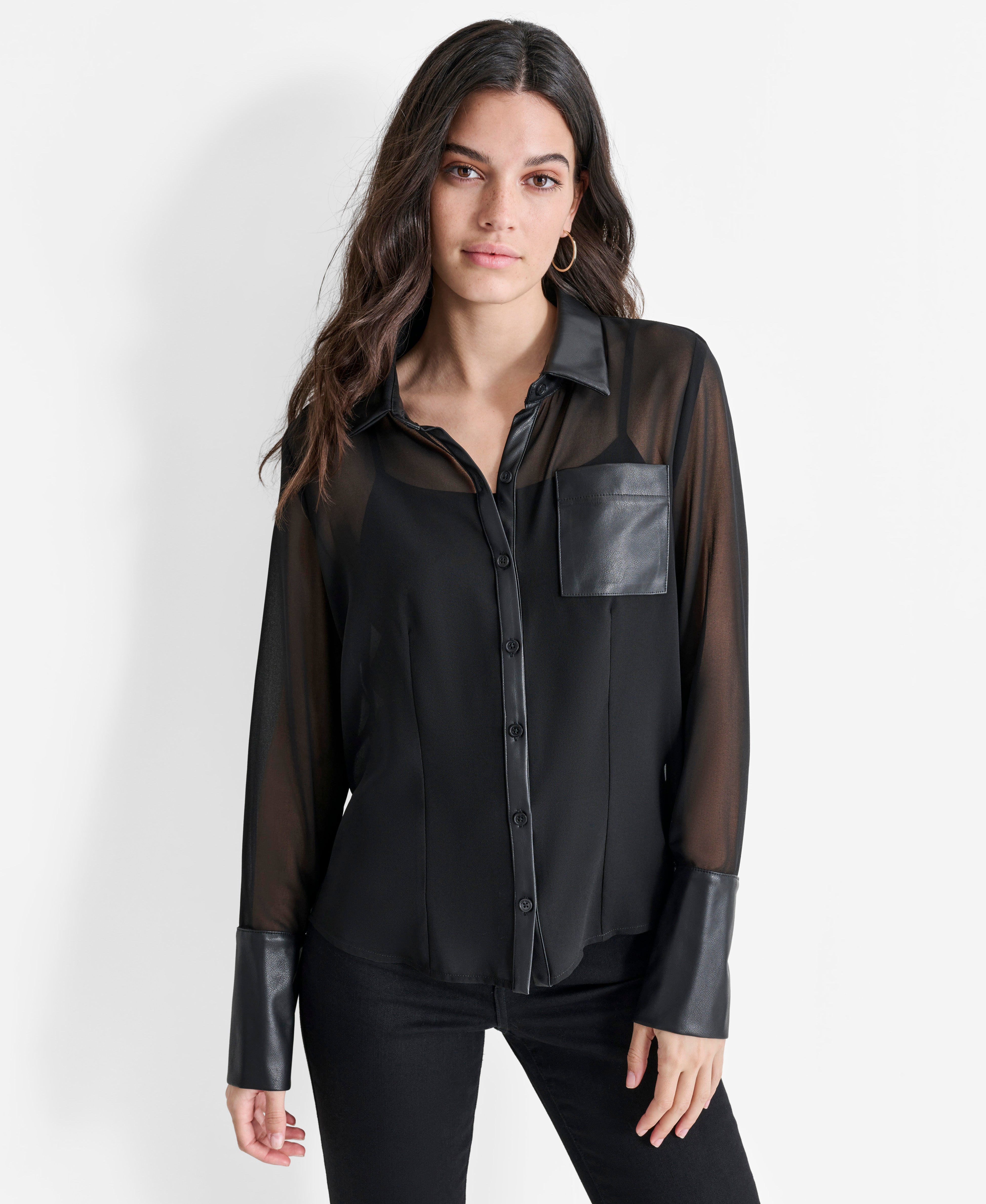 Black BUTTON FRONT SHIRT WITH FAUX LEATHER COLLAR, FRONT VIEW | Not Clearance or Preorder