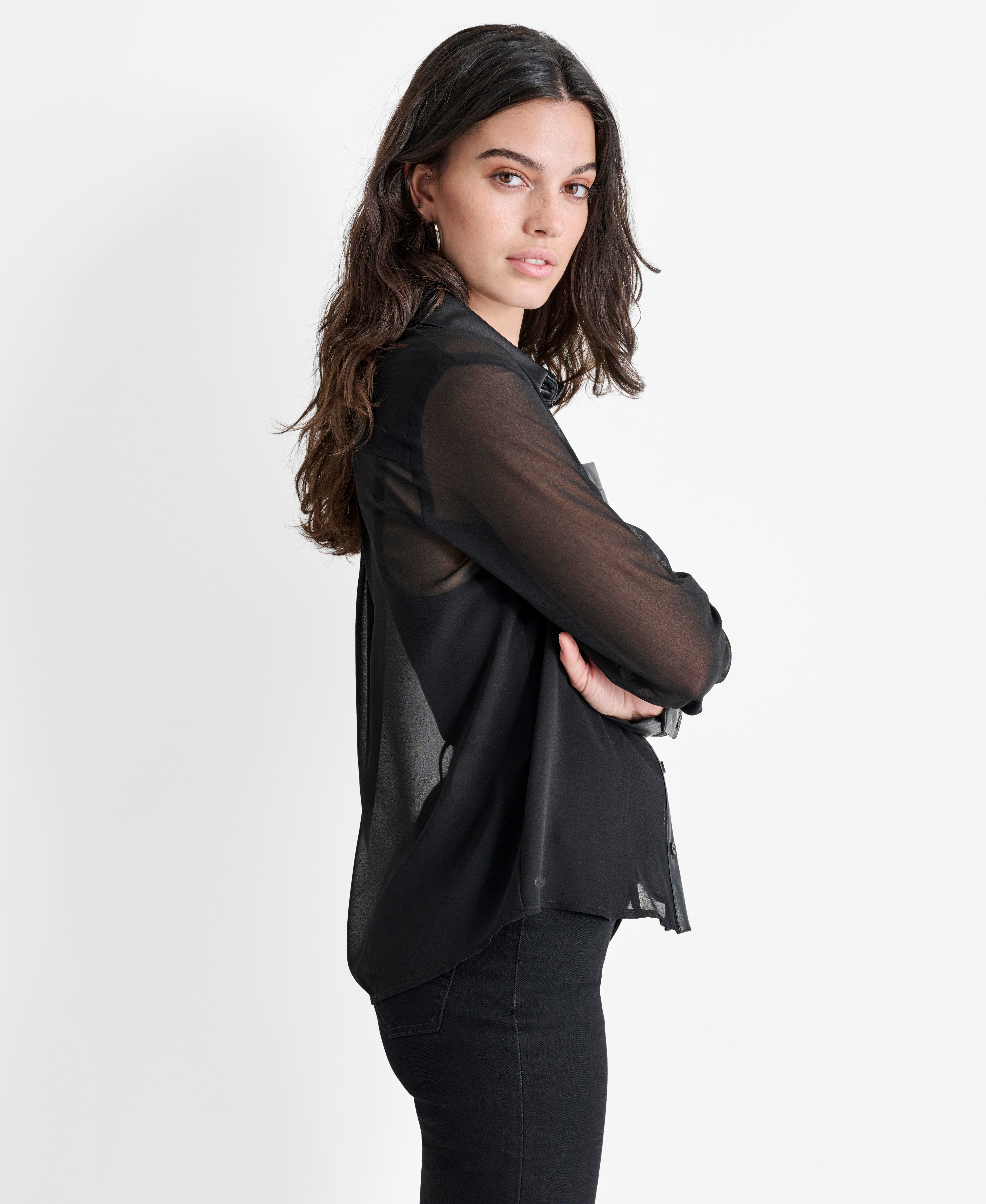 BUTTON FRONT SHIRT WITH FAUX LEATHER COLLAR VIEW 5 | Not Clearance or Preorder