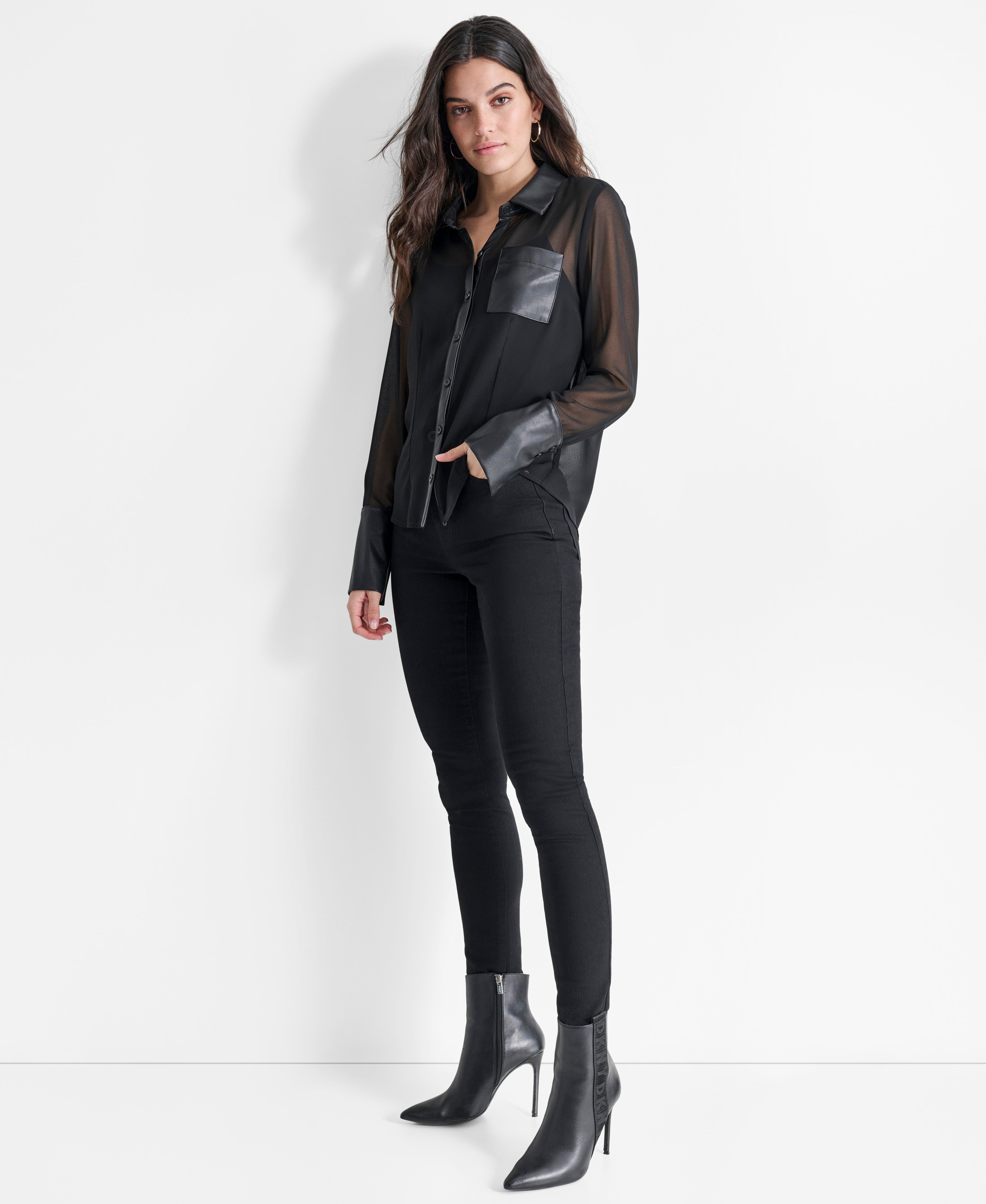 BUTTON FRONT SHIRT WITH FAUX LEATHER COLLAR VIEW 3 | Not Clearance or Preorder