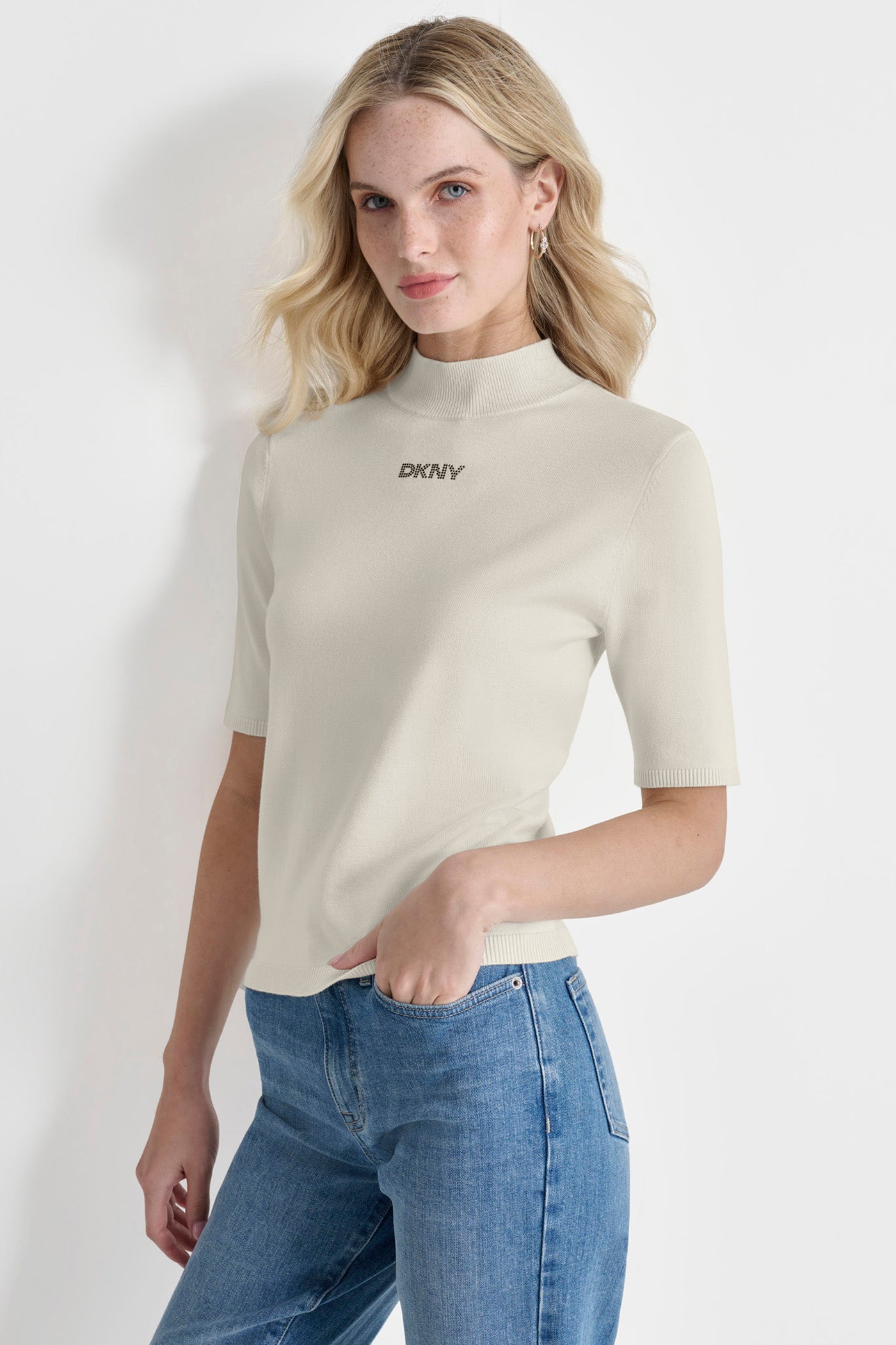 Beige MOCK NECK LOGO SWEATER, FRONT VIEW | Products