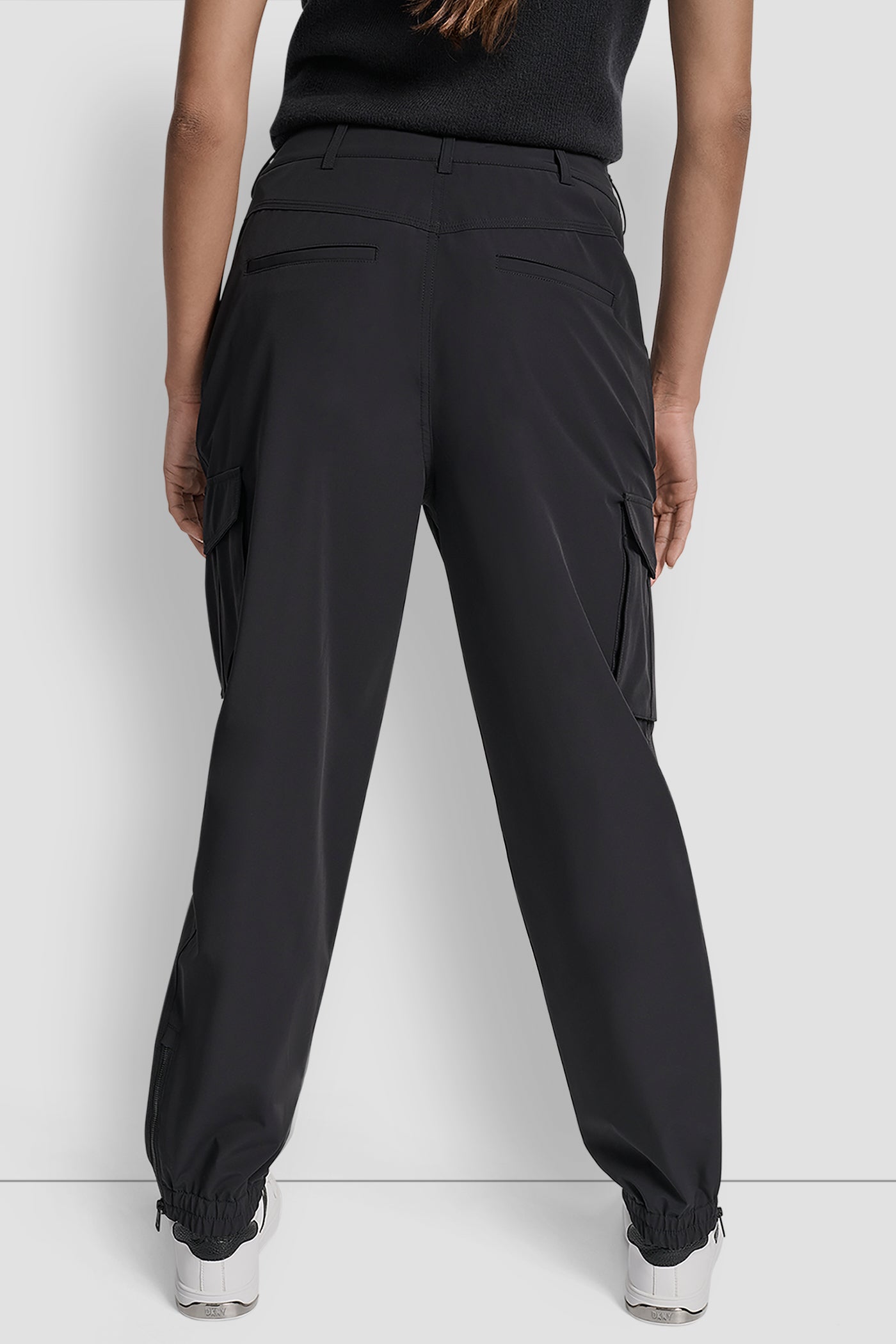 Black HIGH WAIST CARGO JOGGER WITH ZIPPER OPENING AT ANKLE, BACK VIEW | Sweatshirts & Joggers