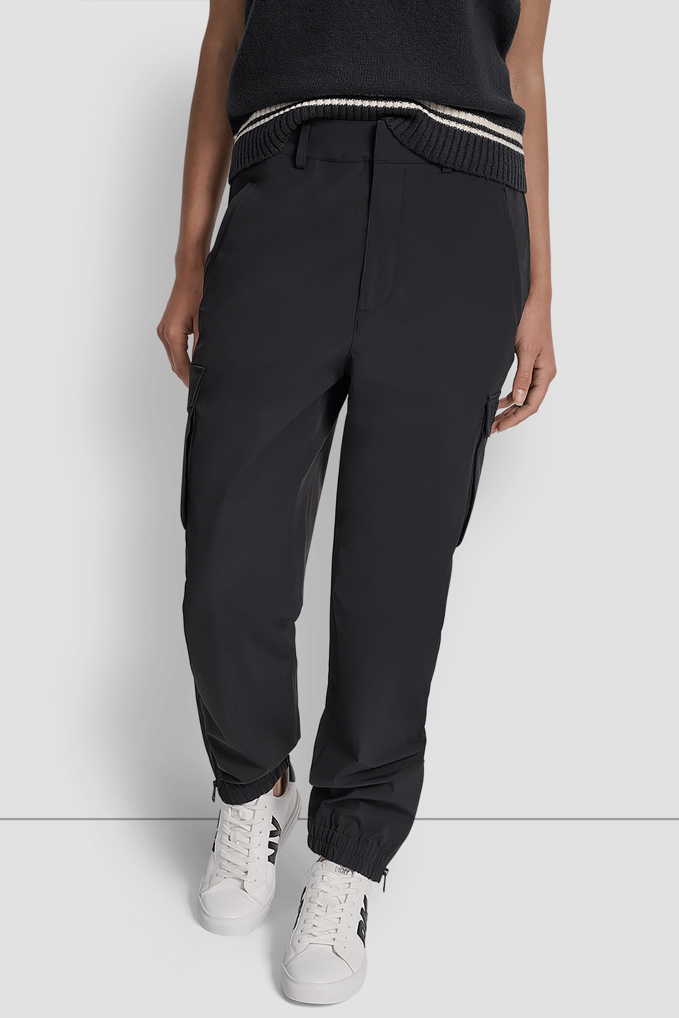 Black HIGH WAIST CARGO JOGGER WITH ZIPPER OPENING AT ANKLE, FRONT VIEW | Sweatshirts & Joggers
