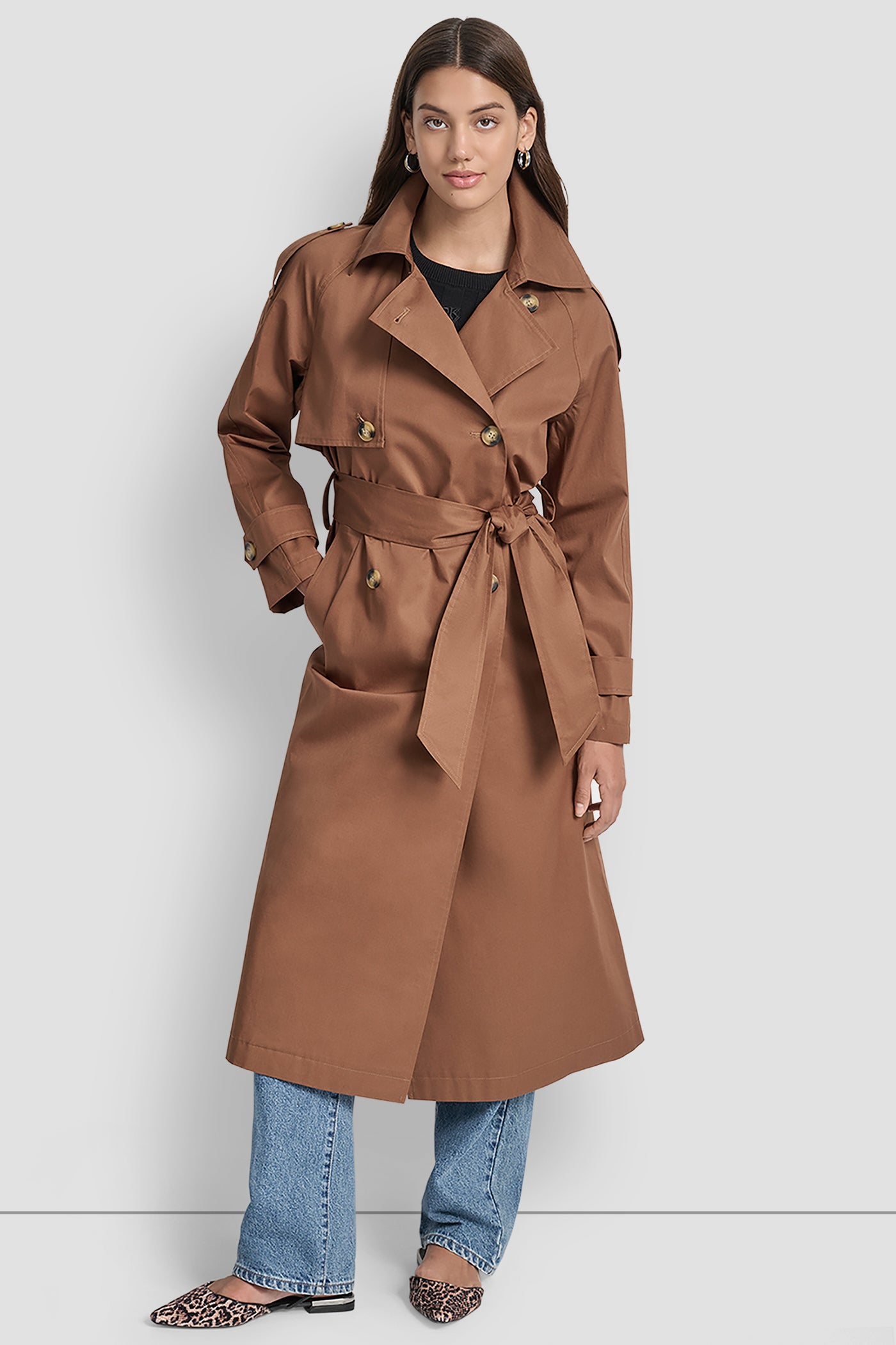 BURNT SUGAR/LEOPARD DOUBLE-BREASTED TRENCH COAT, FRONT VIEW | New clothing