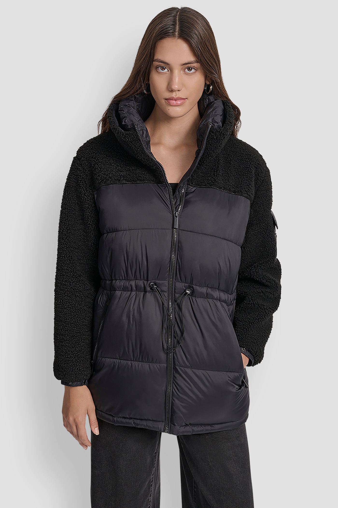 Black SHERPA PUFFER MIX COAT WITH ADJUSTABLE WAIST, FRONT VIEW | Cold Weather Coats