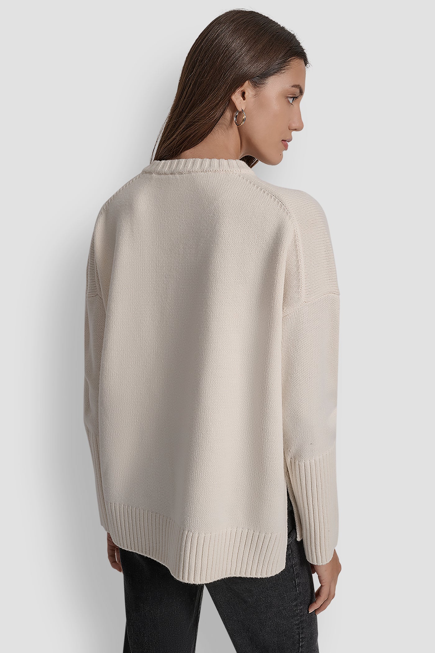 EGGNOG/TRAVERTINE/BLACK VARSITY LOGO INTARSIA CREW NECK RELAXED SWEATER, BACK VIEW | DKNY JEANS