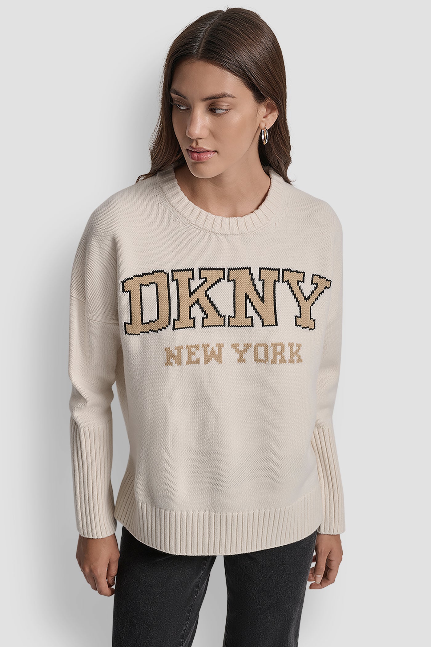 EGGNOG/TRAVERTINE/BLACK VARSITY LOGO INTARSIA CREW NECK RELAXED SWEATER, FRONT VIEW | DKNY JEANS