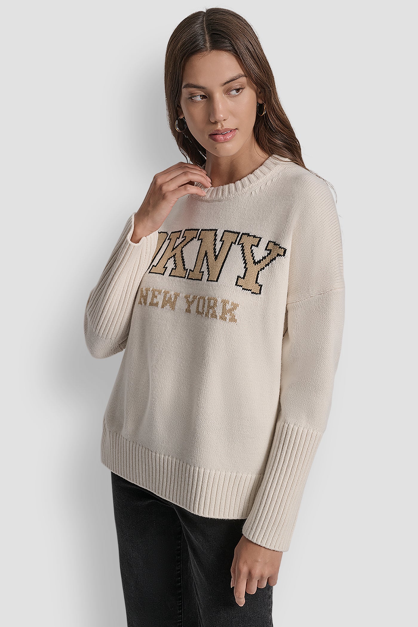 VARSITY LOGO INTARSIA CREW NECK RELAXED SWEATER VIEW 4 | DKNY Promo
