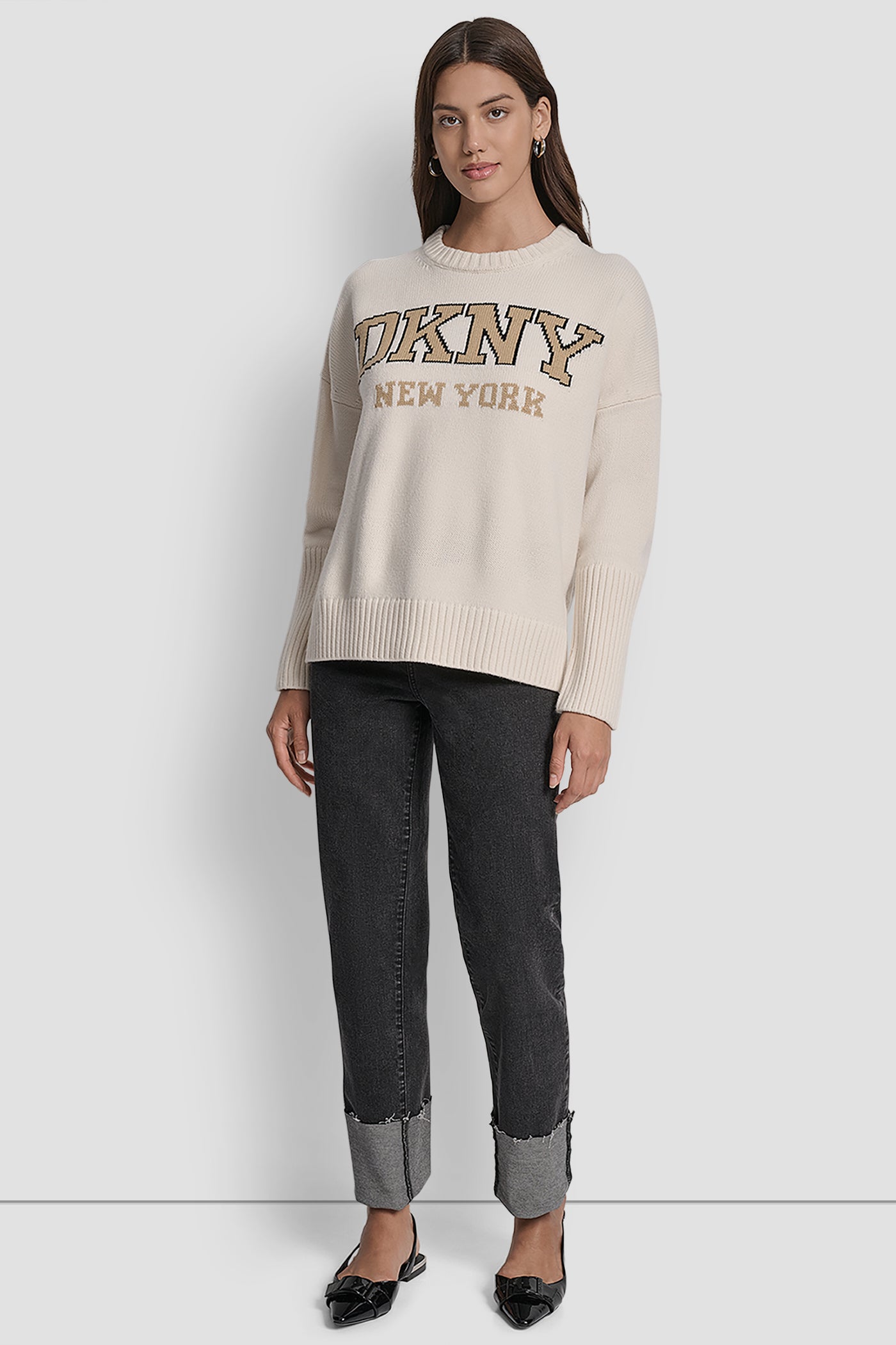 VARSITY LOGO INTARSIA CREW NECK RELAXED SWEATER VIEW 6 | DKNY Promo