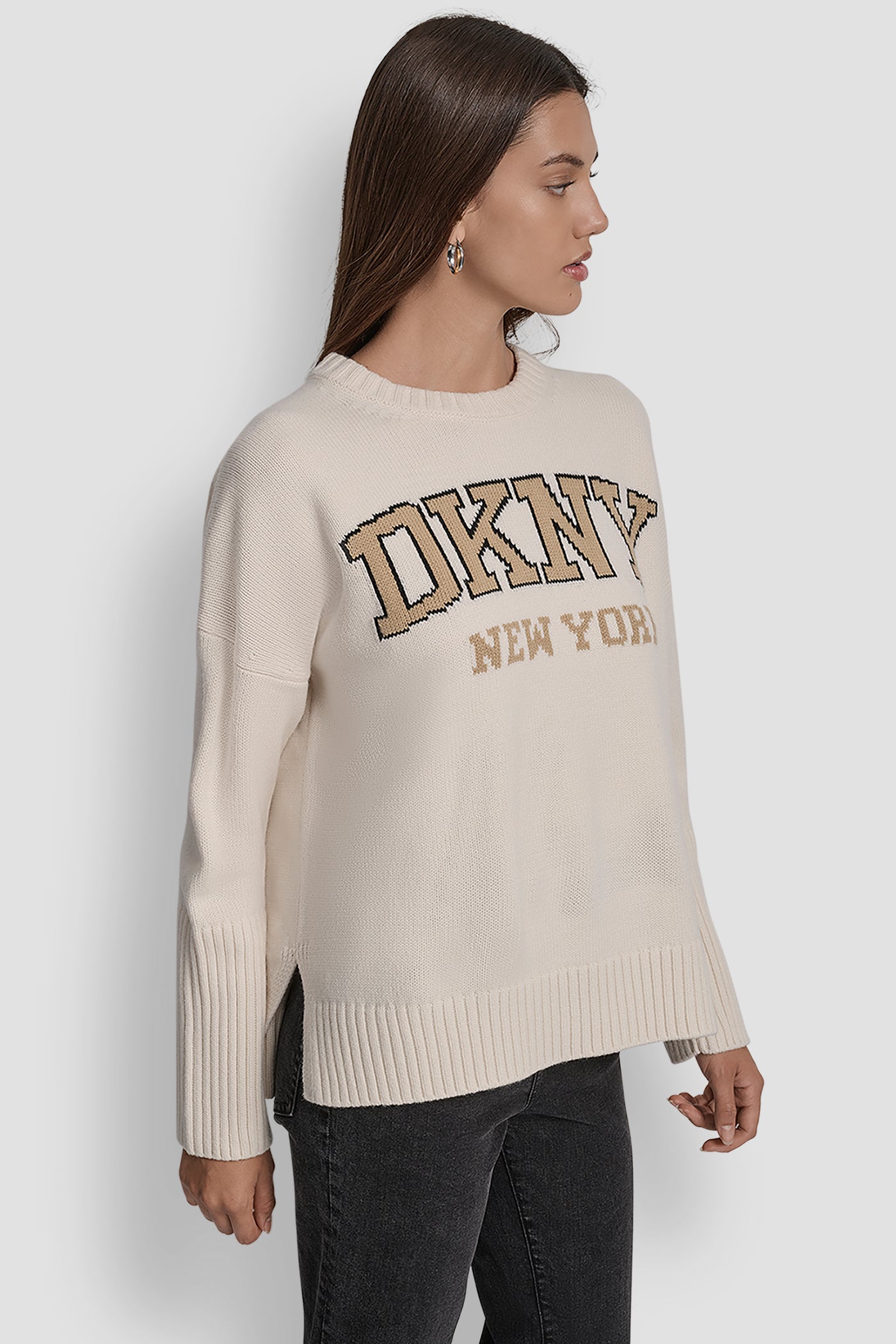 VARSITY LOGO INTARSIA CREW NECK RELAXED SWEATER VIEW 3 | DKNY Promo