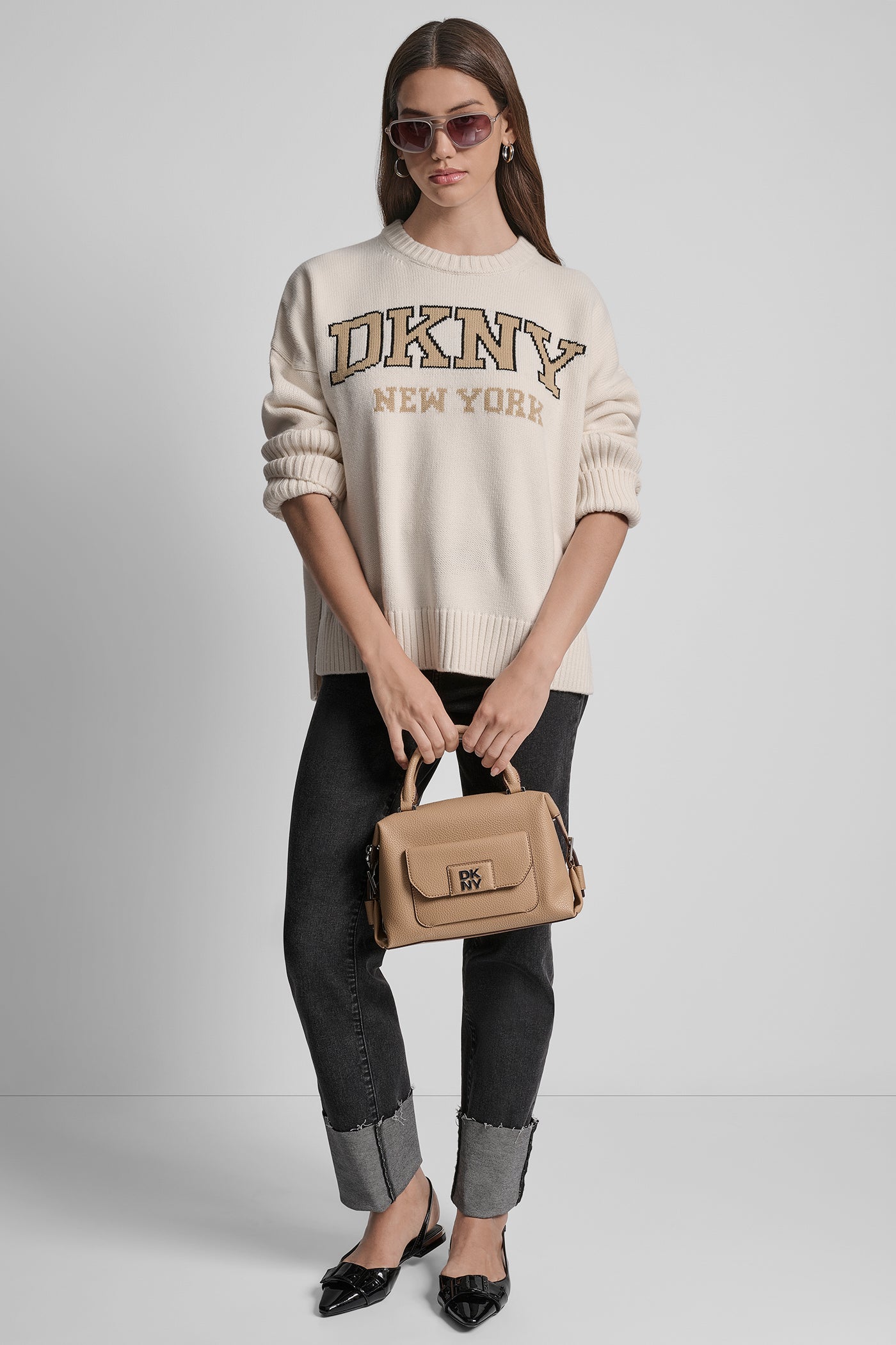 VARSITY LOGO INTARSIA CREW NECK RELAXED SWEATER VIEW 7 | DKNY Promo