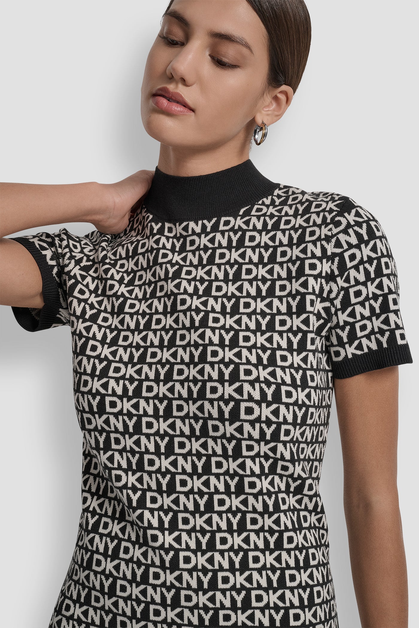 LOGO JACQUARD BALLET SLEEVE MOCK NECK SHORT DRESS VIEW 5 | DKNY JEANS