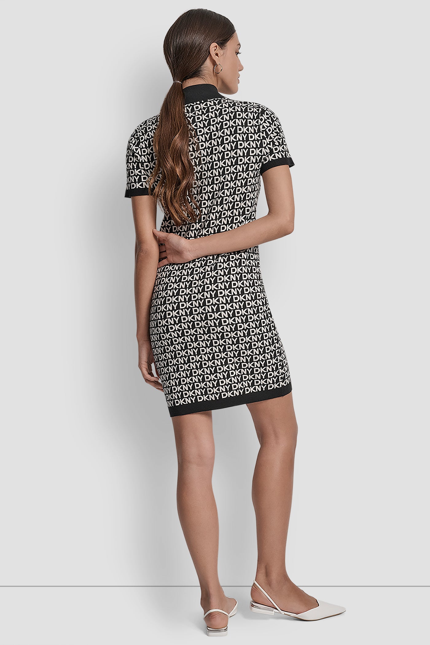 BLACK/EGGNOG LOGO JACQUARD BALLET SLEEVE MOCK NECK SHORT DRESS, BACK VIEW | New Arrivals