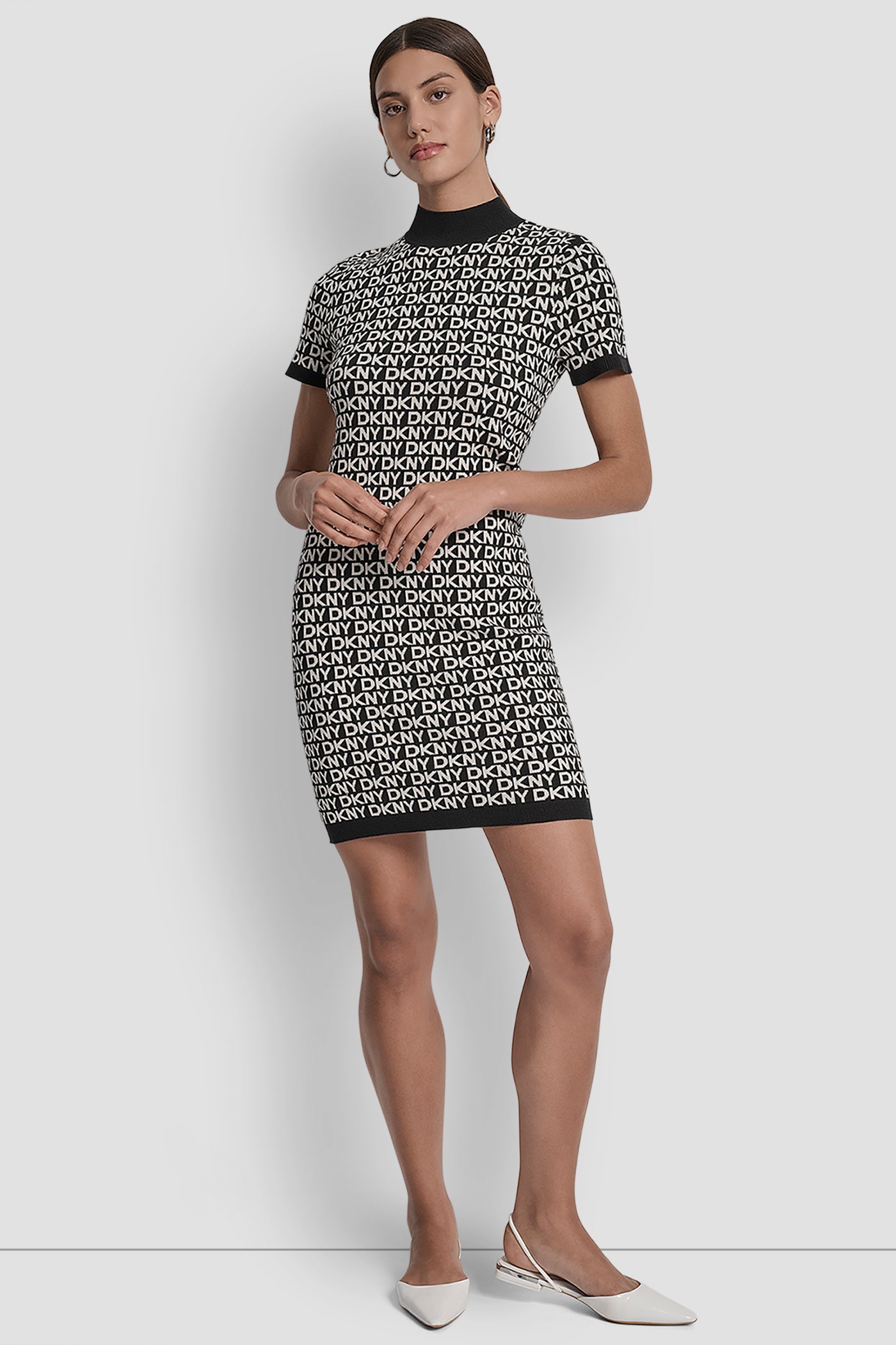 BLACK/EGGNOG LOGO JACQUARD BALLET SLEEVE MOCK NECK SHORT DRESS, FRONT VIEW | New Arrivals