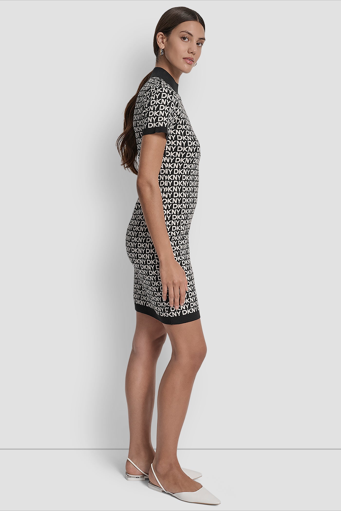 LOGO JACQUARD BALLET SLEEVE MOCK NECK SHORT DRESS VIEW 3 | DKNY JEANS