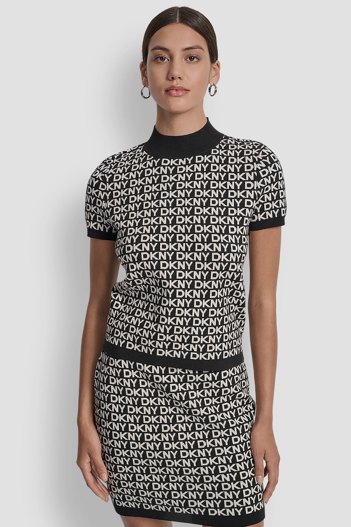 BLACK/EGGNOG LOGO JACQUARD SHORT SLEEVE MOCK NECK  TOP, FRONT VIEW | MATCHING SETS