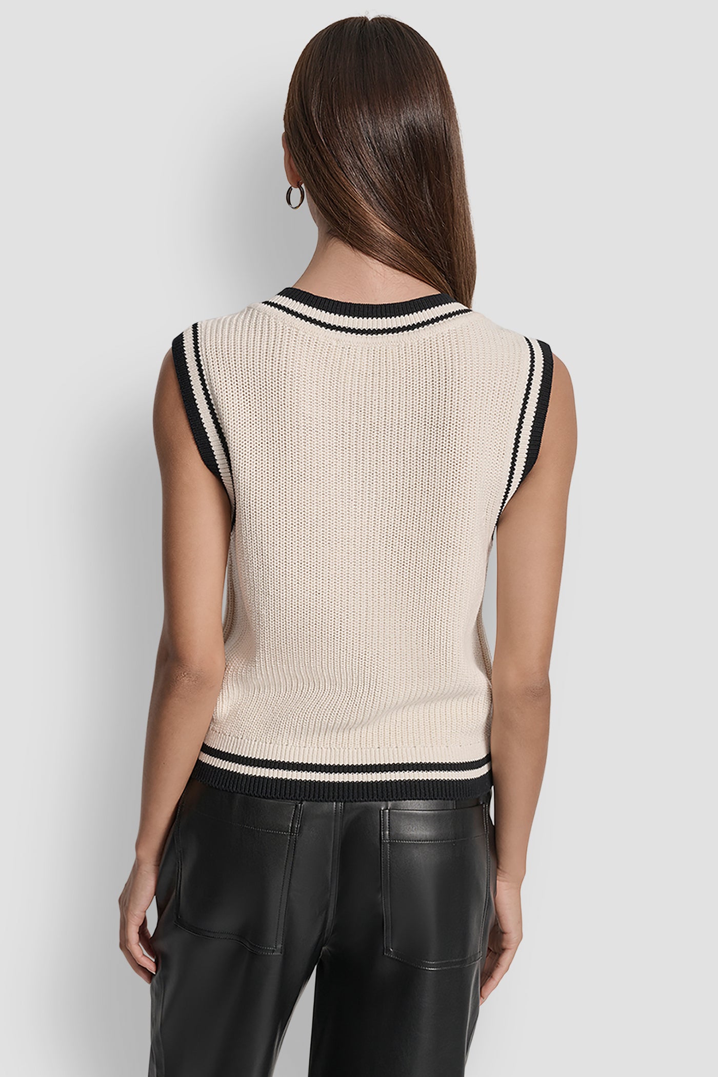EGGNOG/BLACK V-NECK TIPPED SLEEVELESS SWEATER, BACK VIEW | WOMEN'S SWEATERS & TOPS