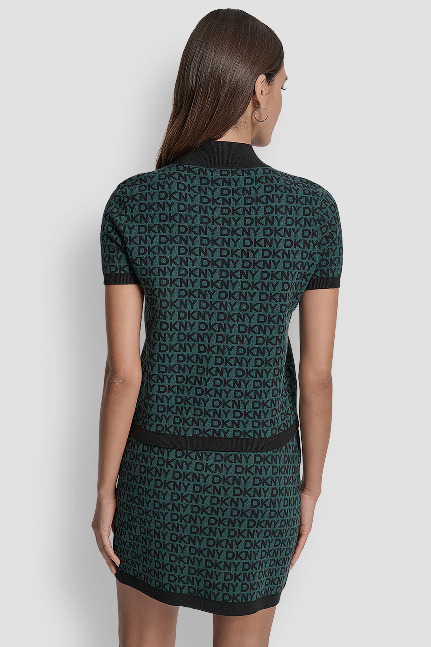 COOL PINE/BLACK LOGO JACQUARD SHORT SLEEVE MOCK NECK  TOP, BACK VIEW | DKNY JEANS