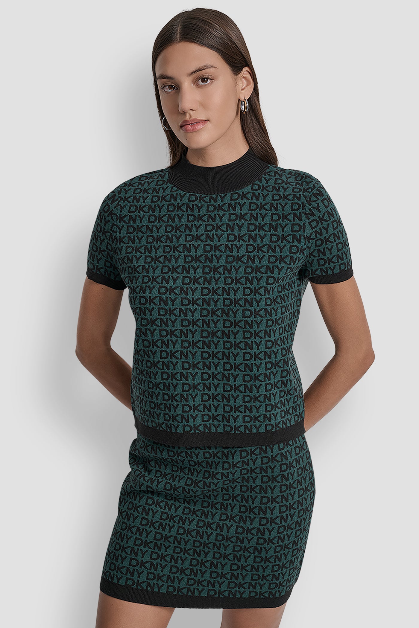 COOL PINE/BLACK LOGO JACQUARD SHORT SLEEVE MOCK NECK  TOP, FRONT VIEW | DKNY JEANS
