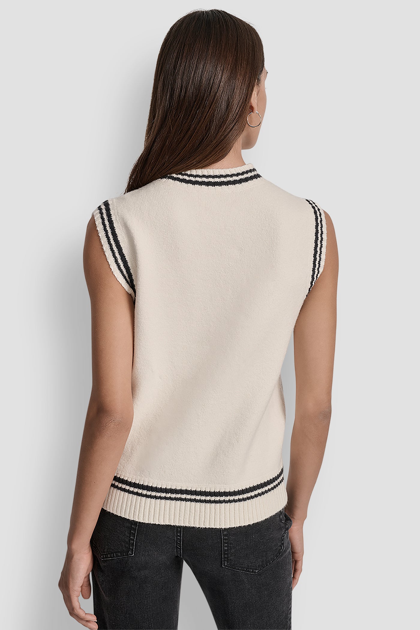 EGGNOG/BLACK SLEEVELESS CREW NECK TIPPED SWEATER VEST, BACK VIEW | WOMEN'S SWEATERS & TOPS