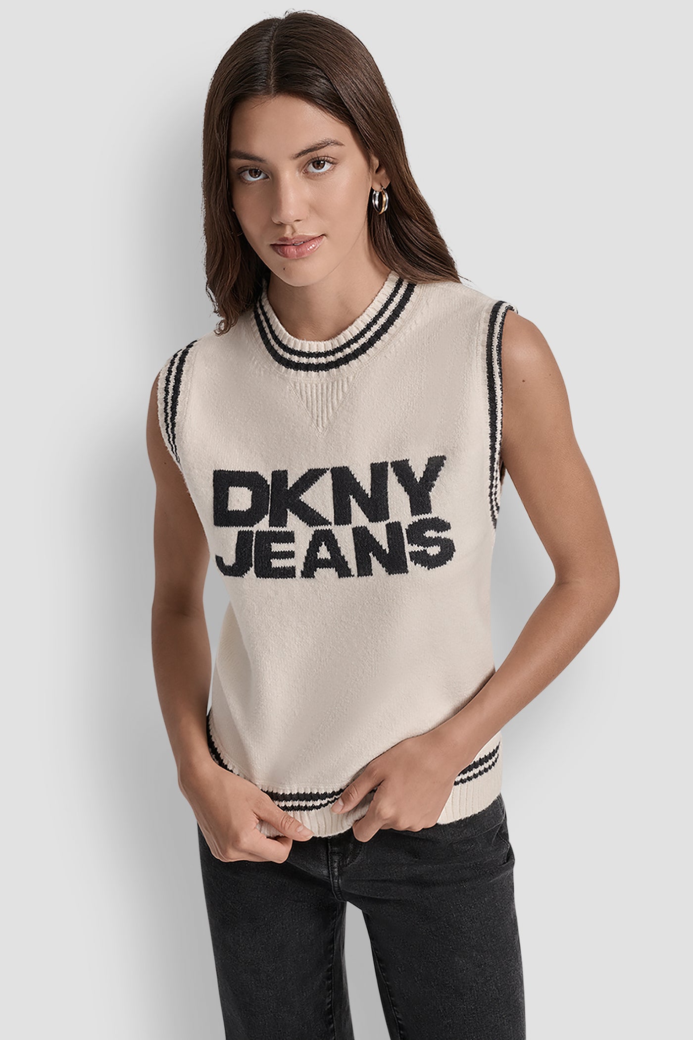 EGGNOG/BLACK SLEEVELESS CREW NECK TIPPED SWEATER VEST, FRONT VIEW | WOMEN'S SWEATERS & TOPS