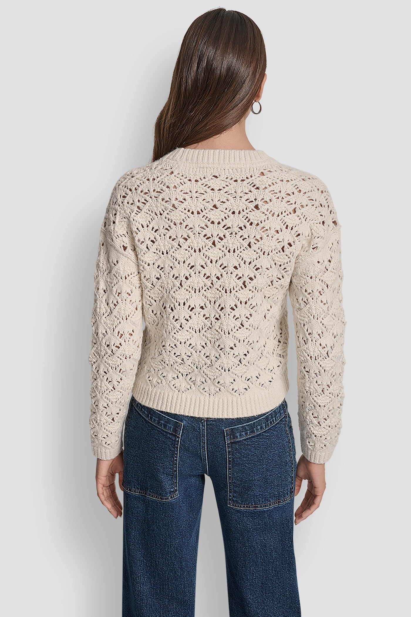 BLONDE POINTELLE STITCH LONG SLEEVE CREW NECK SWEATER, BACK VIEW | New Arrivals