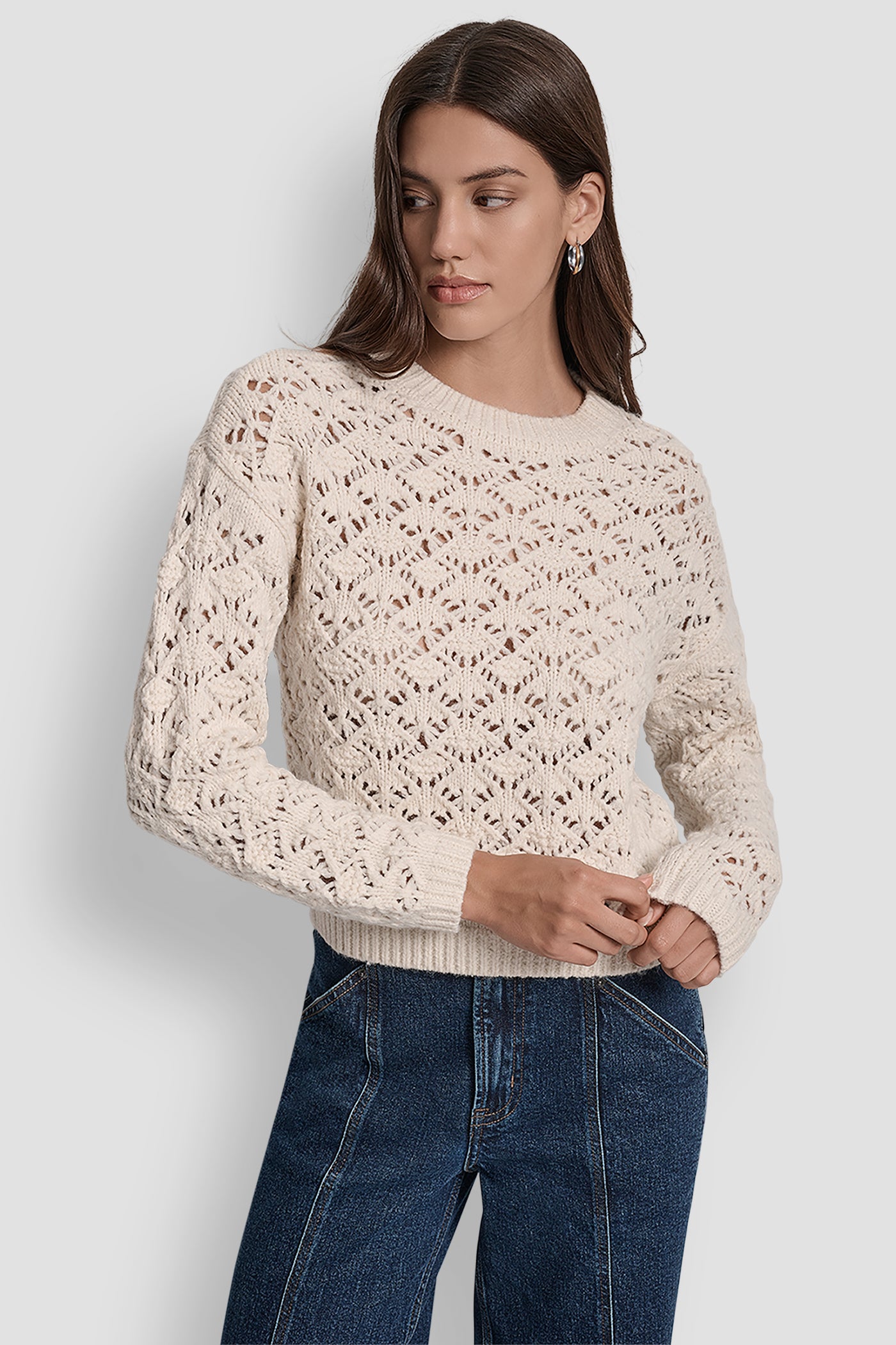 BLONDE POINTELLE STITCH LONG SLEEVE CREW NECK SWEATER, FRONT VIEW | New Arrivals