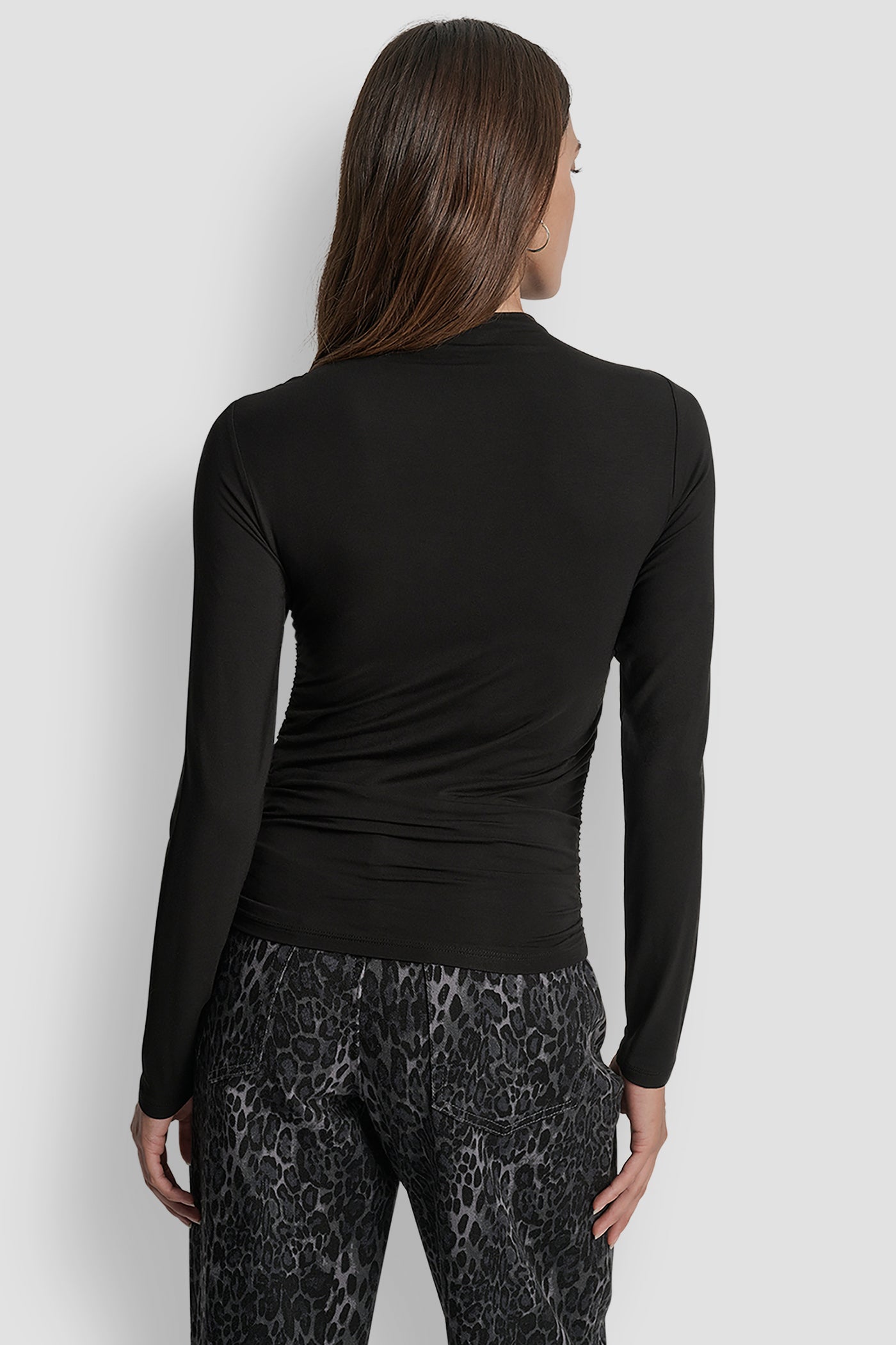 BLACK/GUNMETAL SIDE RUCHED HIGH NECK LONG SLEEVE TOP WITH RHINESTONE, BACK VIEW | WOMEN'S SWEATERS & TOPS