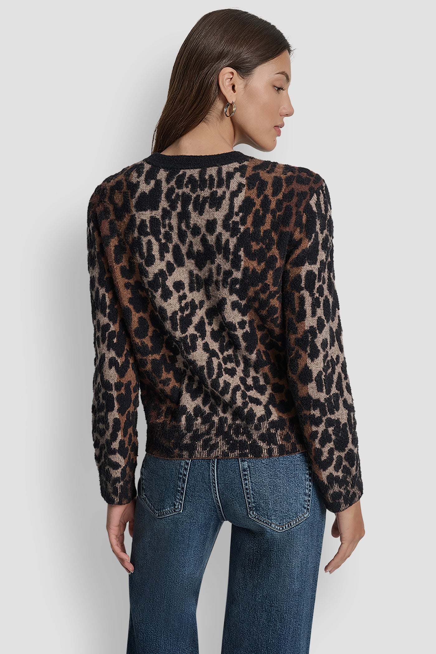 BURNT SUGAR COMBO LONG SLEEVE CREW NECK LEOPARD SWEATER, BACK VIEW | New Arrivals