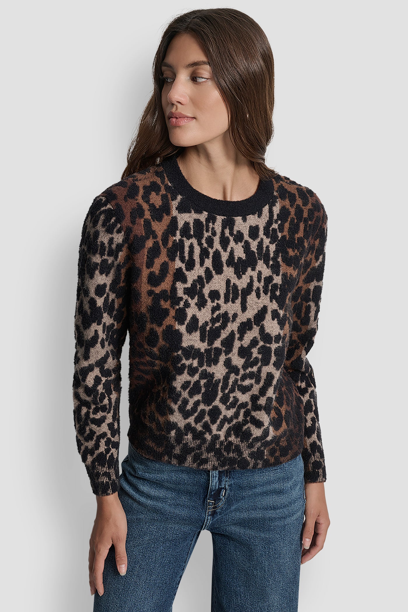 BURNT SUGAR COMBO LONG SLEEVE CREW NECK LEOPARD SWEATER, FRONT VIEW | New Arrivals