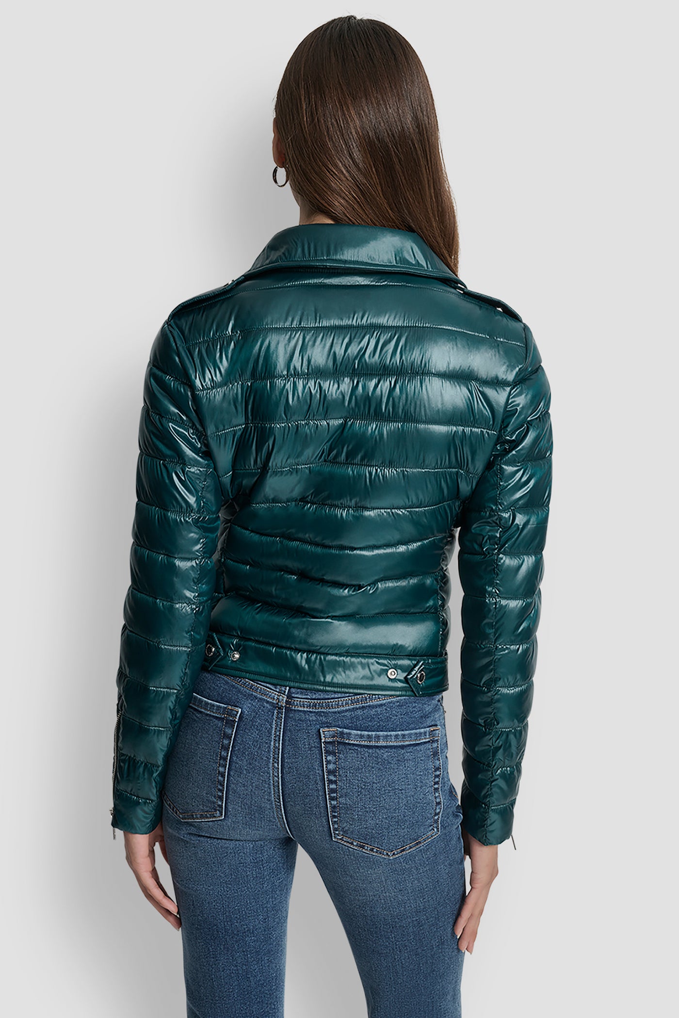 METALLIC COOL PINE MOTO STYLE LIGHT WEIGHT PUFFER JACKET, BACK VIEW | New Arrivals
