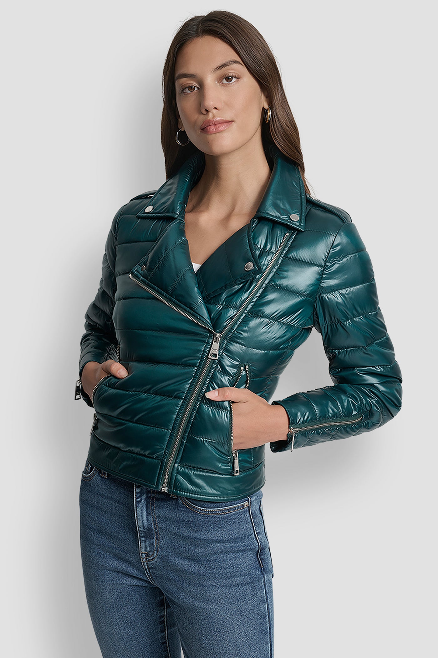 METALLIC COOL PINE MOTO STYLE LIGHT WEIGHT PUFFER JACKET, FRONT VIEW | New Arrivals
