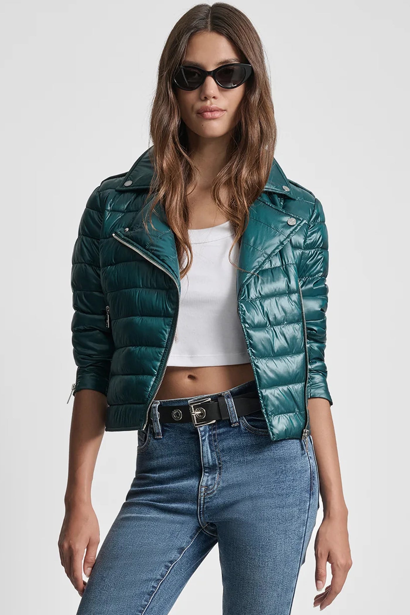 METALLIC COOL PINE MOTO-STYLE PUFFER JACKET, VIEW 1 | Back-To-School Shop