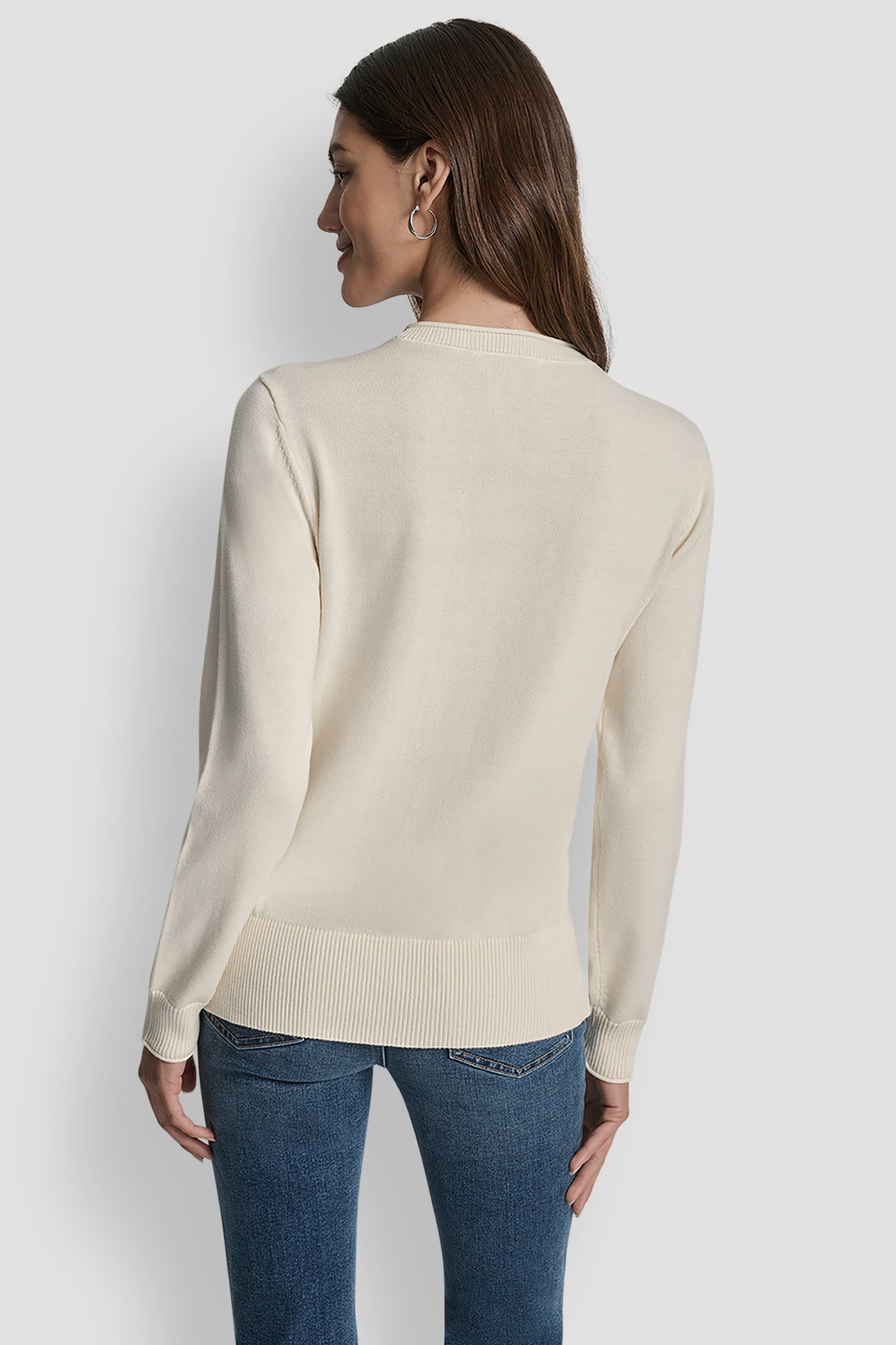 EGGNOG DKNY STACKED RHINESTONE LOGO LONG SLEEVE CREW NECK, BACK VIEW | WOMEN'S SWEATERS & TOPS