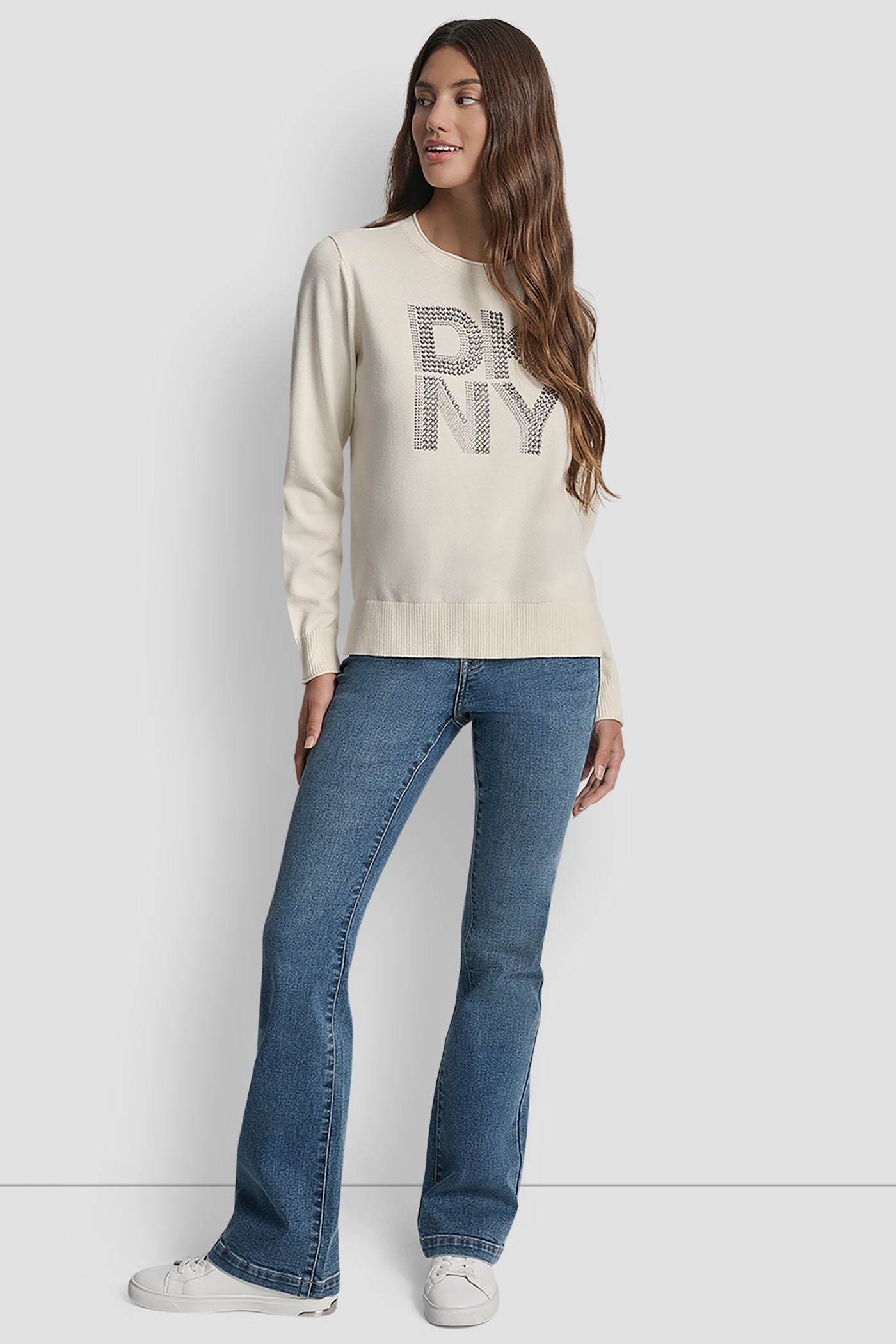 DKNY STACKED RHINESTONE LOGO LONG SLEEVE CREW NECK VIEW 6 | WOMEN'S SWEATERS & TOPS