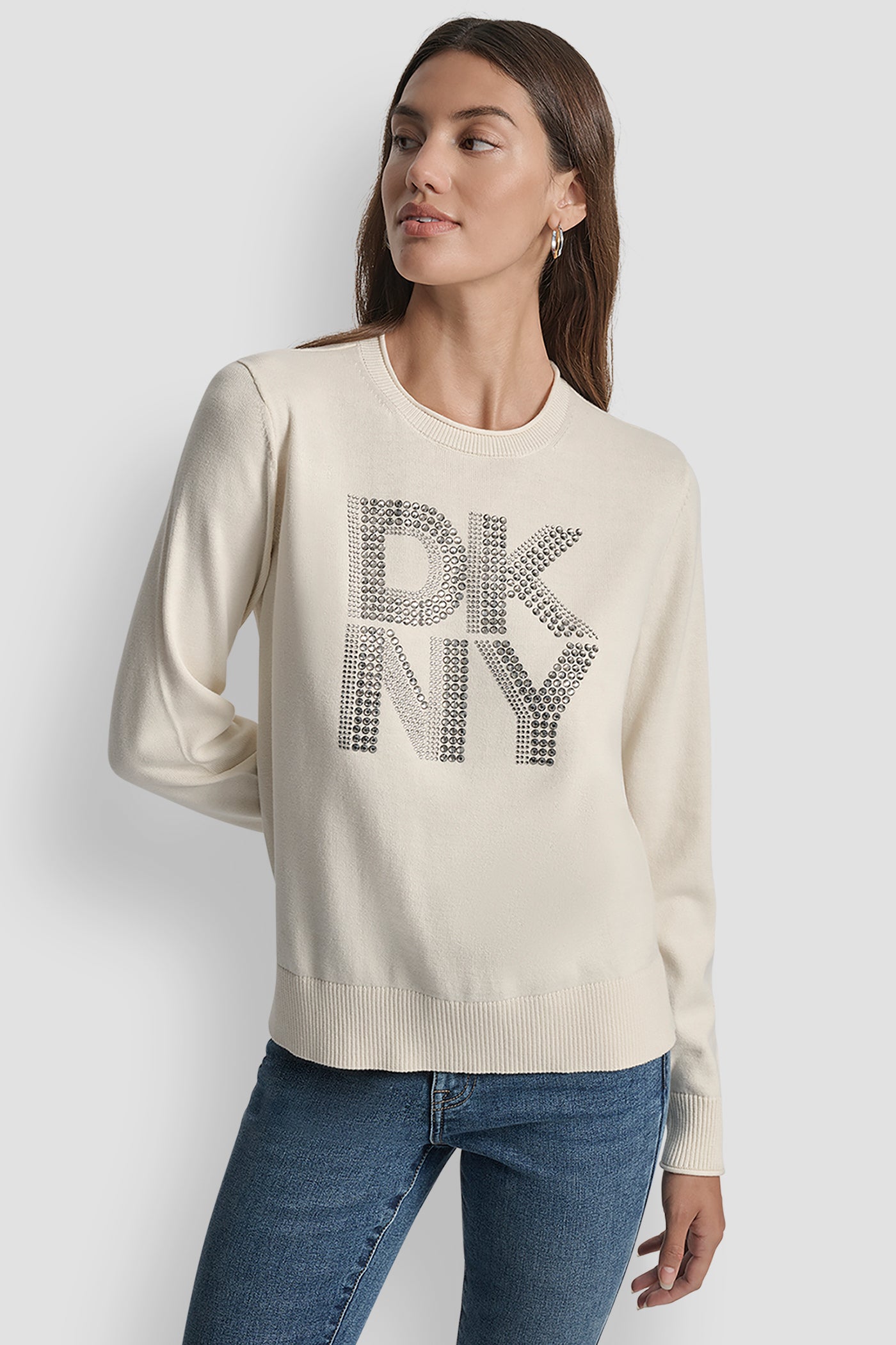 EGGNOG DKNY STACKED RHINESTONE LOGO LONG SLEEVE CREW NECK, FRONT VIEW | WOMEN'S SWEATERS & TOPS