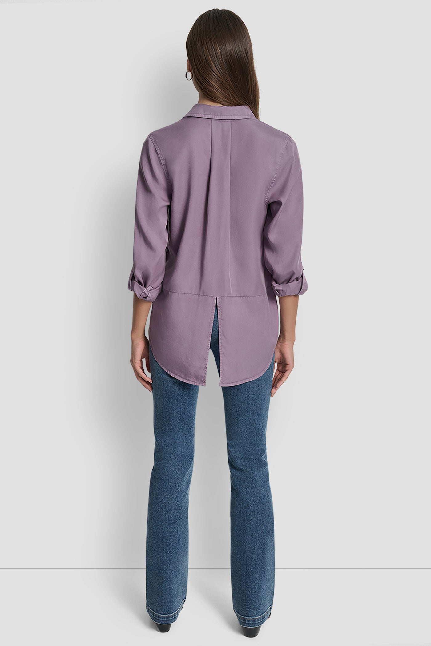 VESPER SPLIT BACK BUTTON FRONT WITH ROLL TAB, BACK VIEW | WOMEN'S SWEATERS & TOPS
