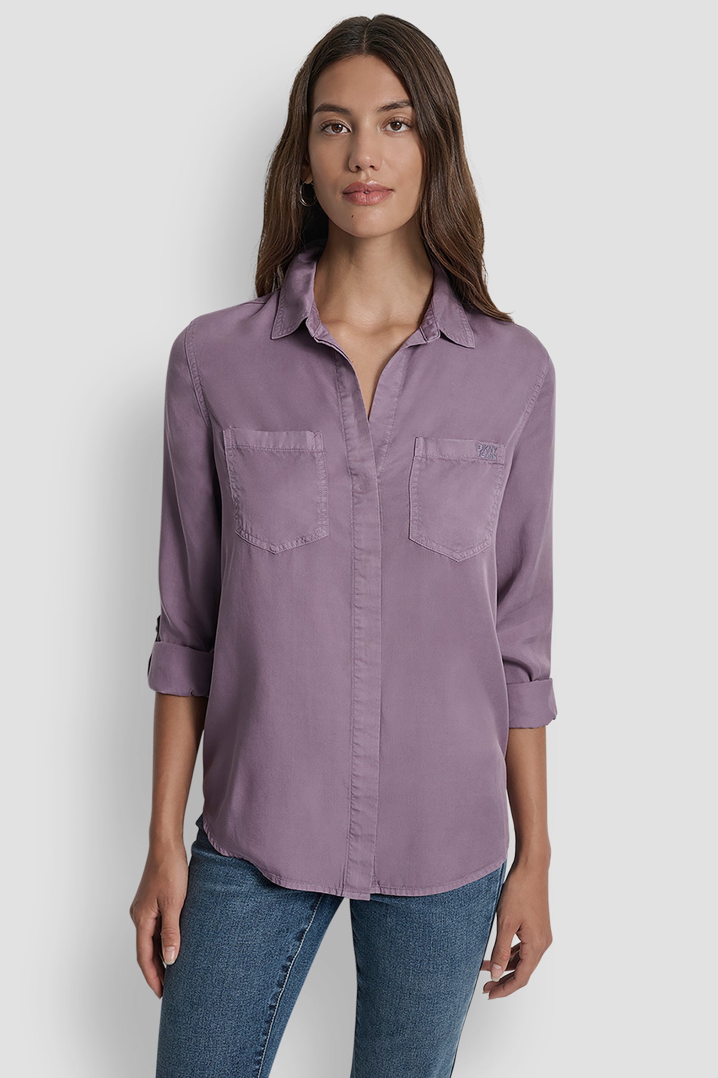 VESPER SPLIT BACK BUTTON FRONT WITH ROLL TAB, FRONT VIEW | WOMEN'S SWEATERS & TOPS