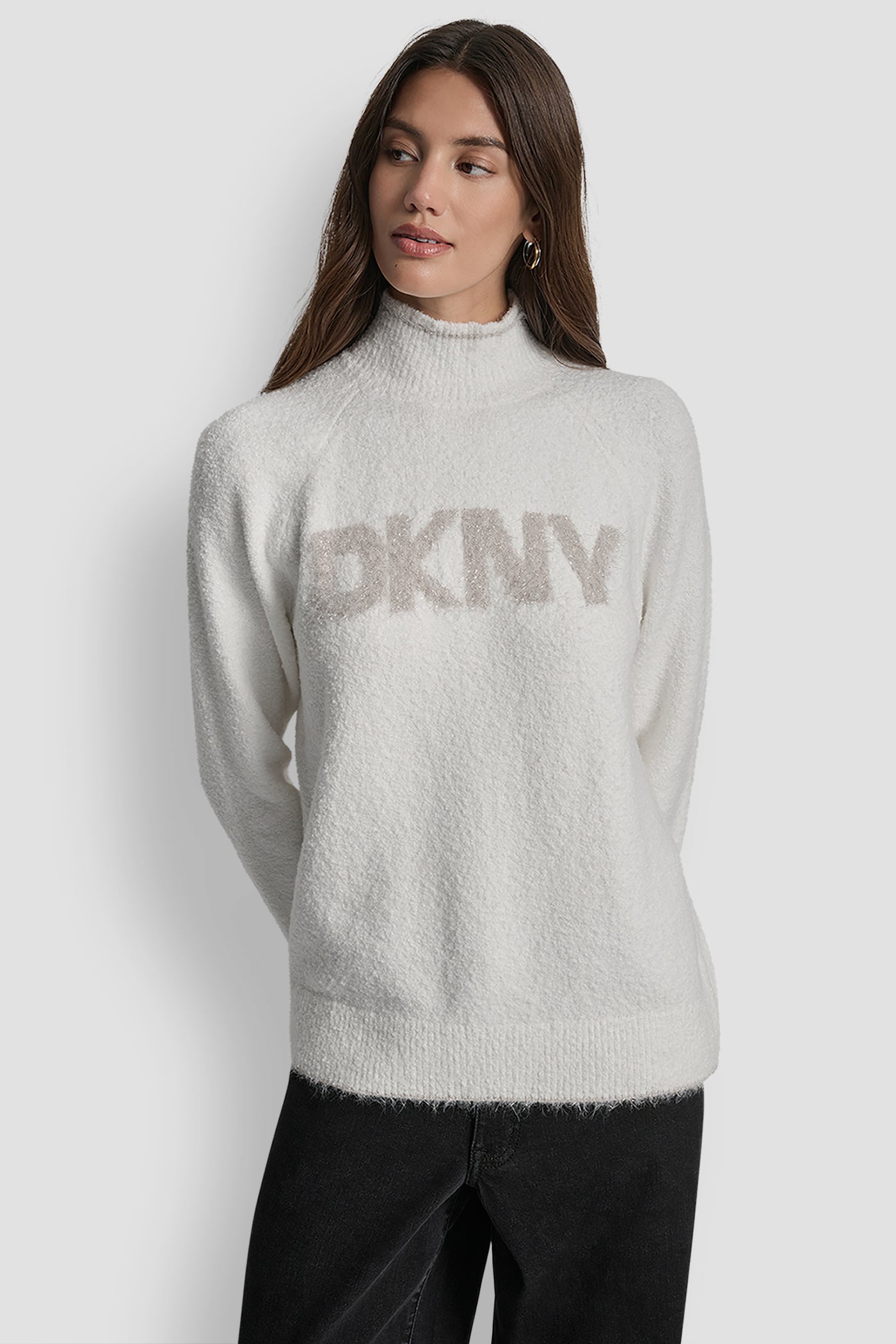IVORY/GOLD DKNY TINSEL LOGO LONG SLEEVE RAGLAN SWEATER, FRONT VIEW | WOMEN'S SWEATERS & TOPS