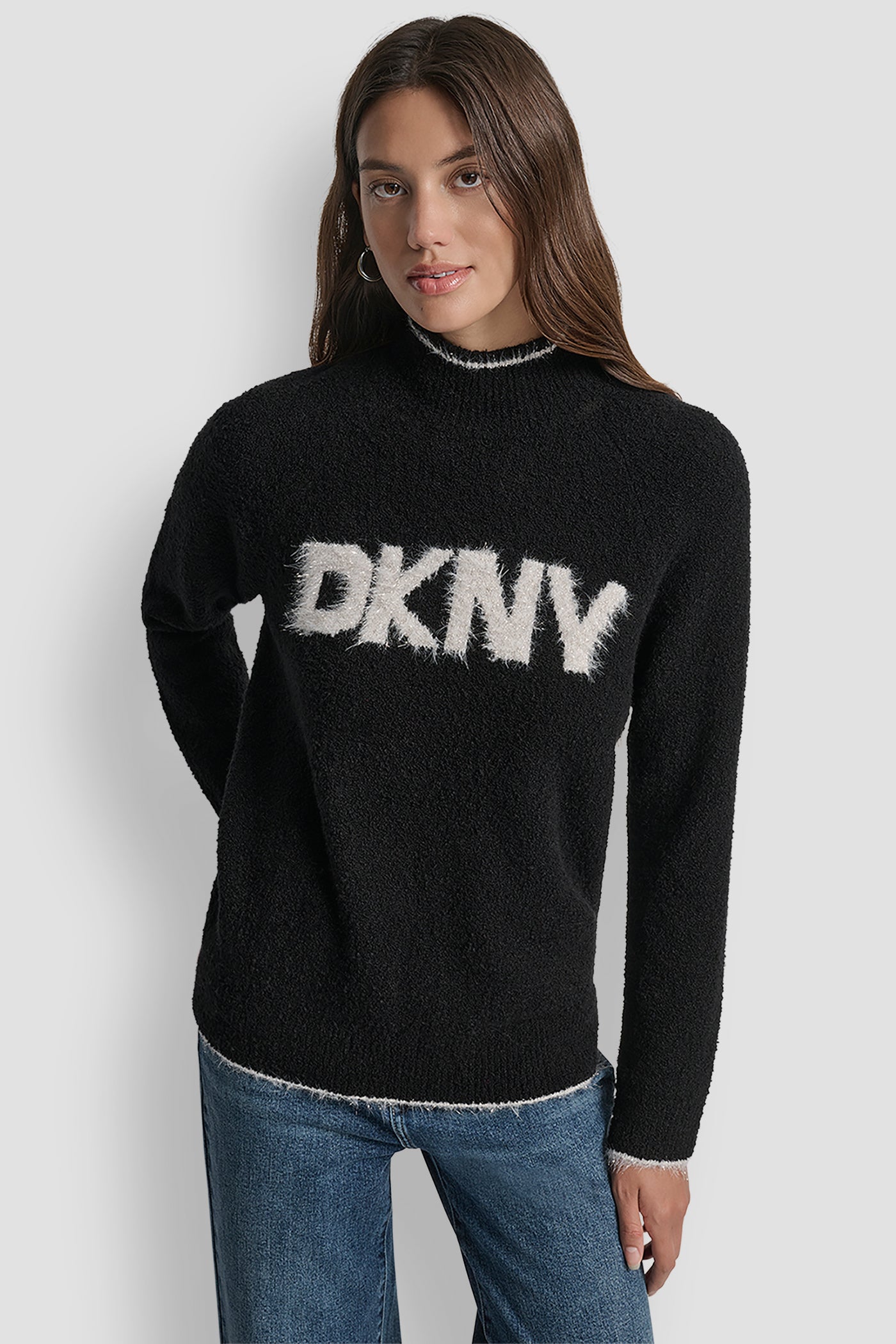 BLACK/GOLD DKNY TINSEL LOGO LONG SLEEVE RAGLAN SWEATER, FRONT VIEW | WOMEN'S SWEATERS & TOPS