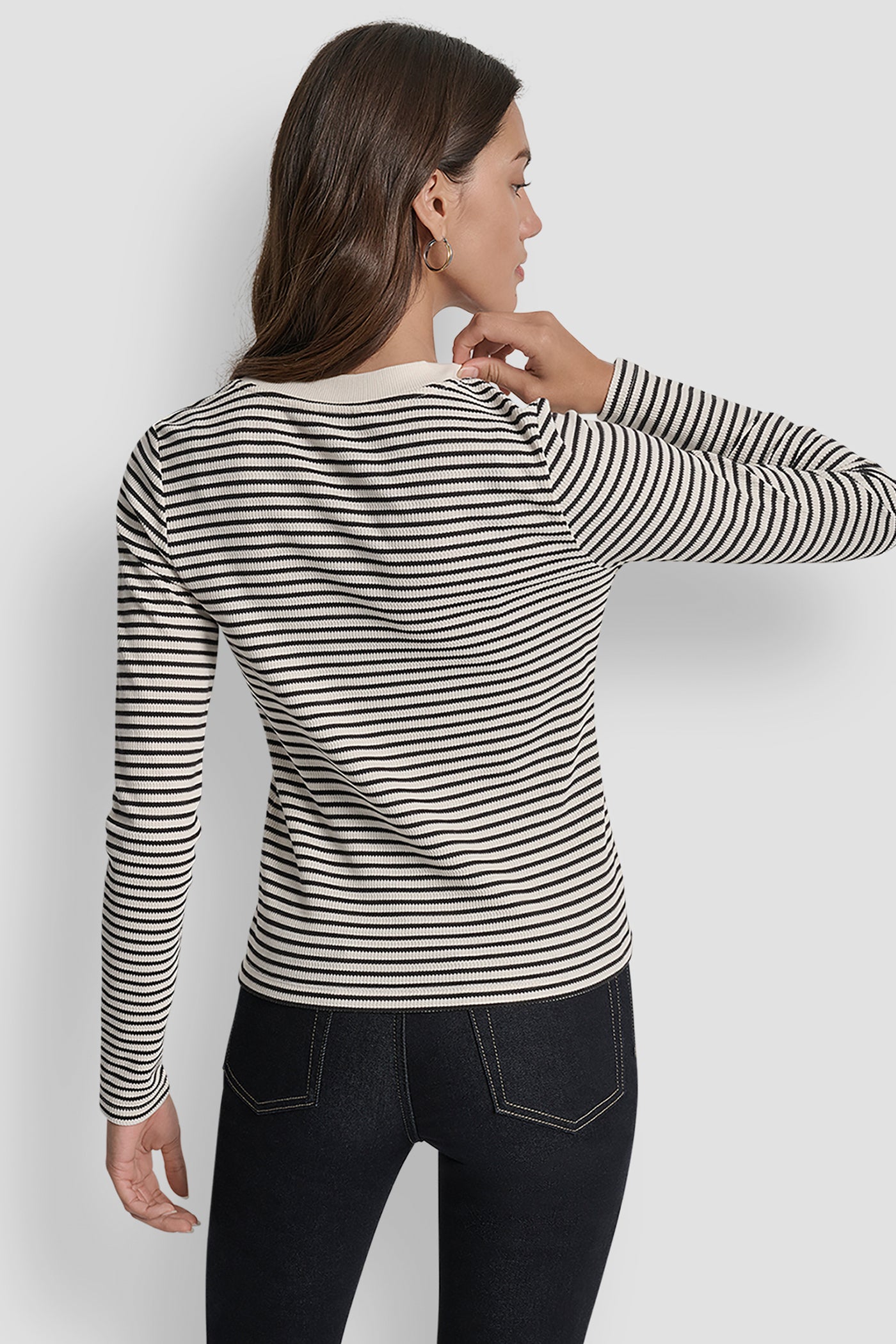 EGGNOG/BLACK LONG SLEEVE BUTTON FRONT SHORT CARDIGAN, BACK VIEW | WOMEN'S SWEATERS & TOPS