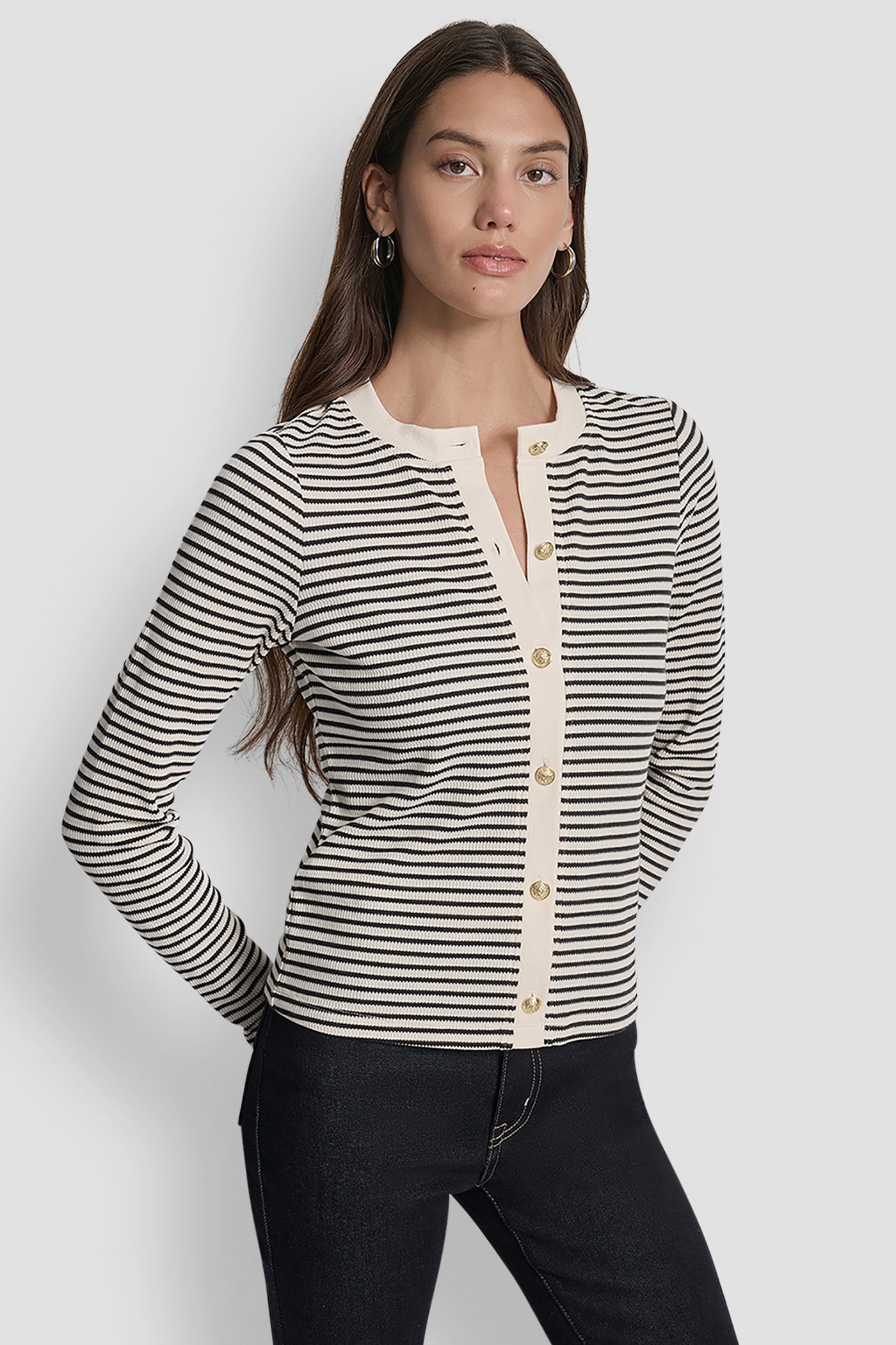 EGGNOG/BLACK LONG SLEEVE BUTTON FRONT SHORT CARDIGAN, FRONT VIEW | WOMEN'S SWEATERS & TOPS
