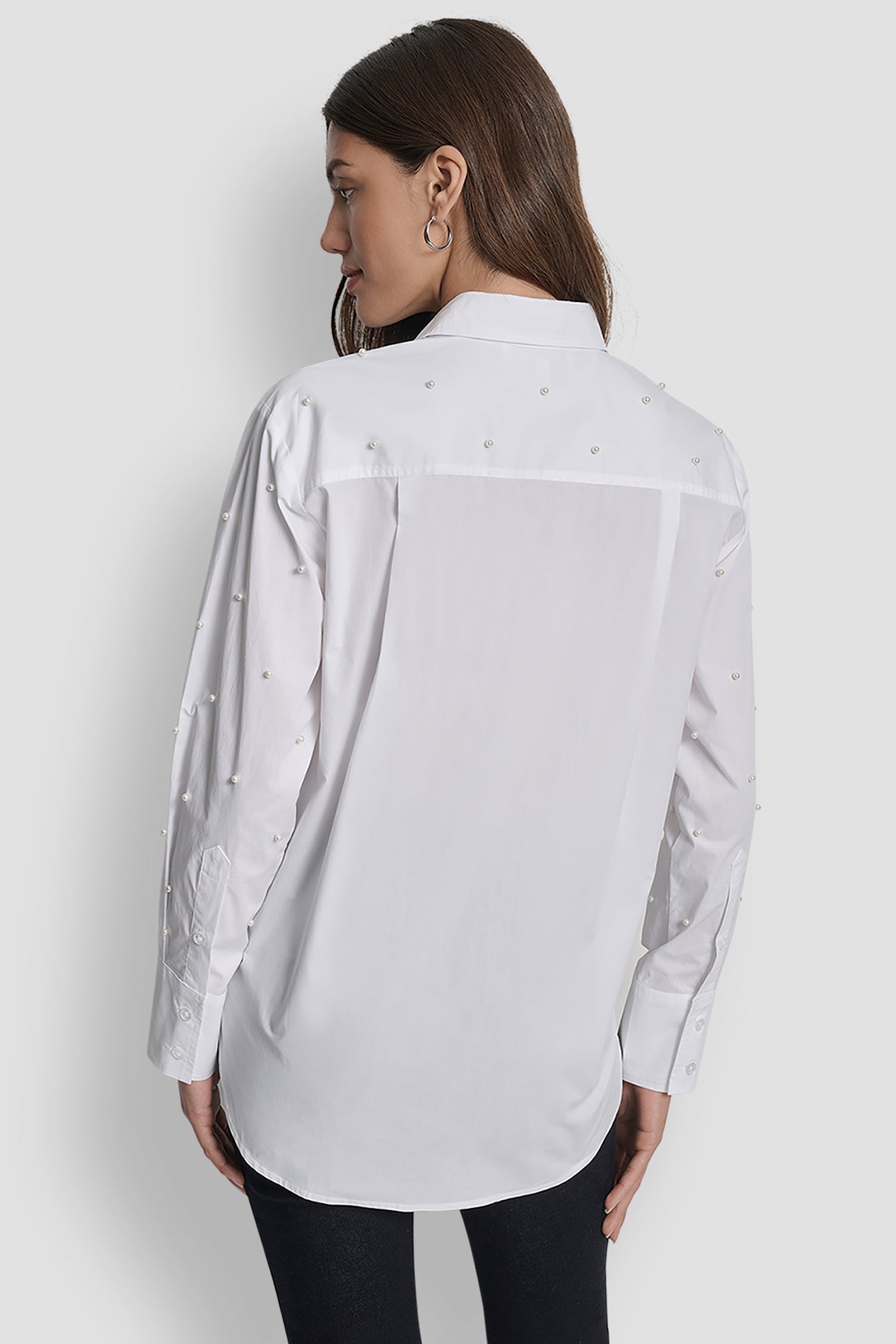 White PEARL EMBELLISHED LONG SLEEVE BUTTON FRONT SHIRT, BACK VIEW | New Arrivals