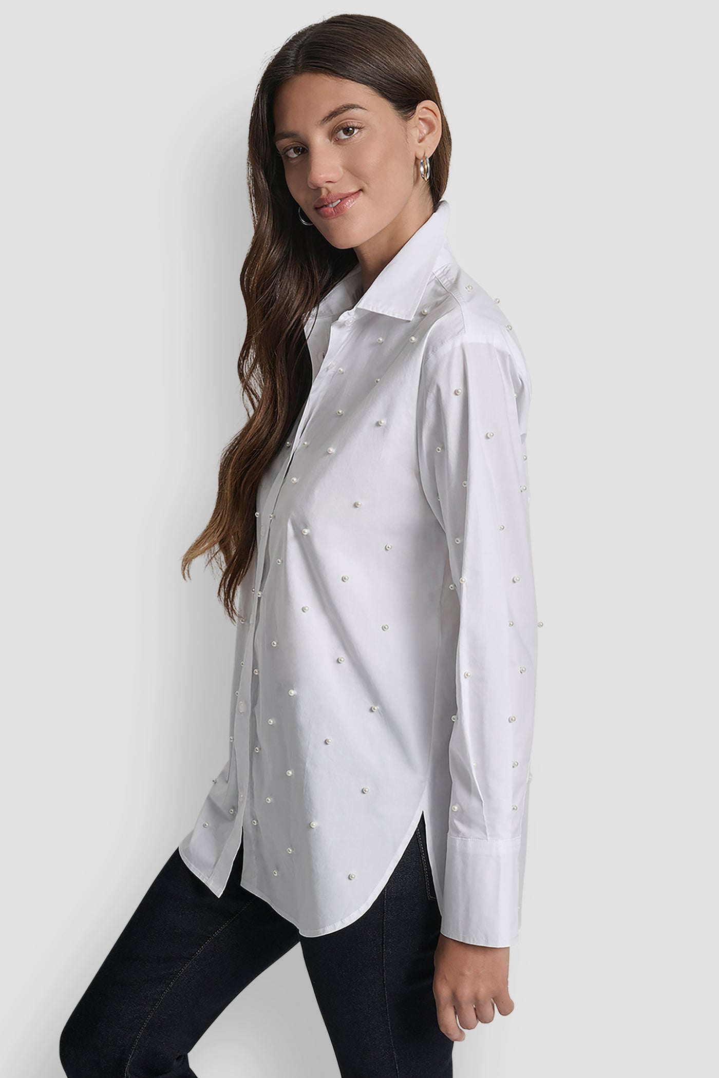 PEARL EMBELLISHED LONG SLEEVE BUTTON FRONT SHIRT VIEW 3 | WOMEN'S SWEATERS & TOPS