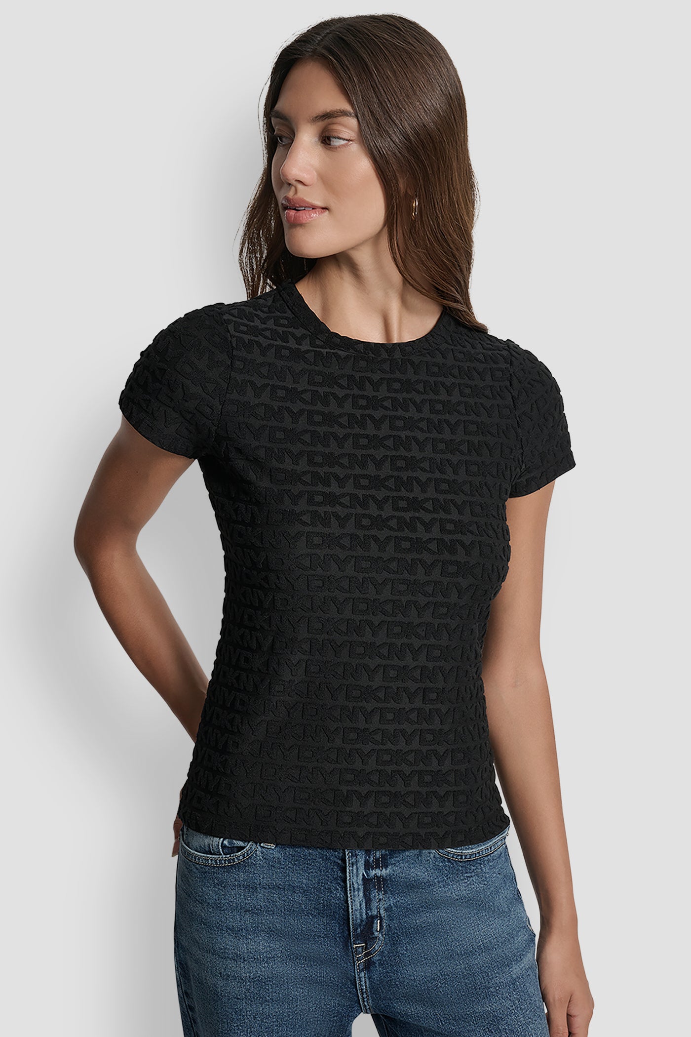 Black LOGO JACQUARD SHORT SLEEVE CREW NECK TEE, VIEW 1 | DKNY JEANS