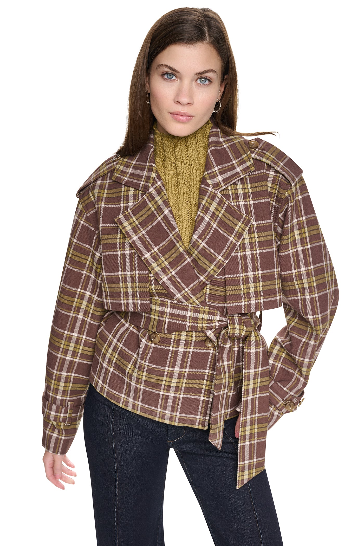 PLAID DOUBLE BREASTED SHORT TRENCH VIEW 4