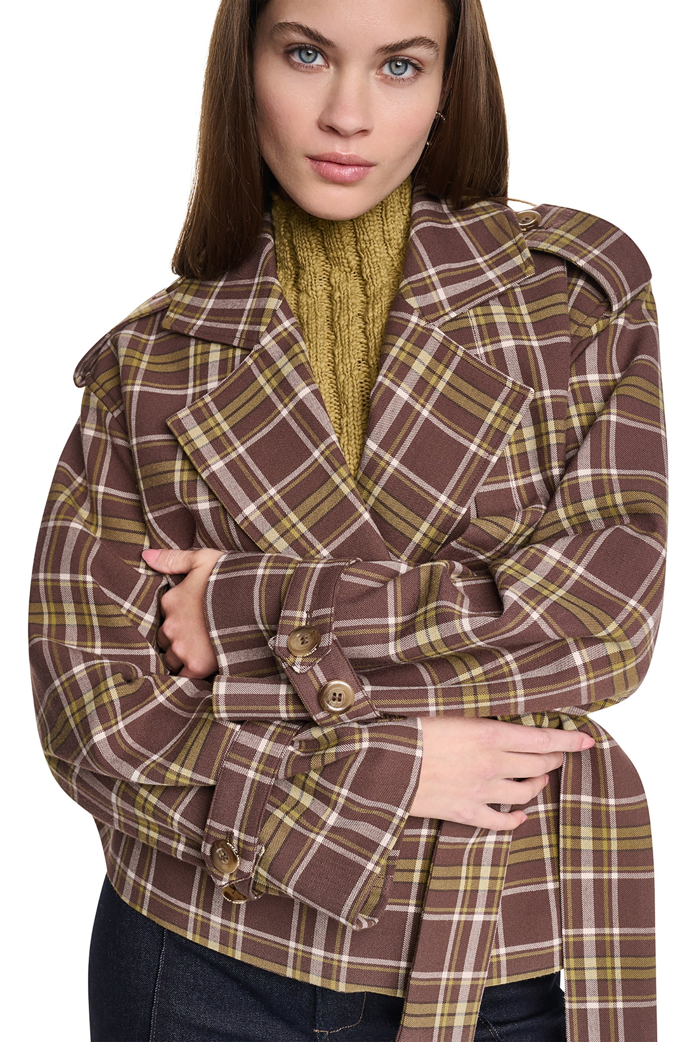 PLAID DOUBLE BREASTED SHORT TRENCH VIEW 1