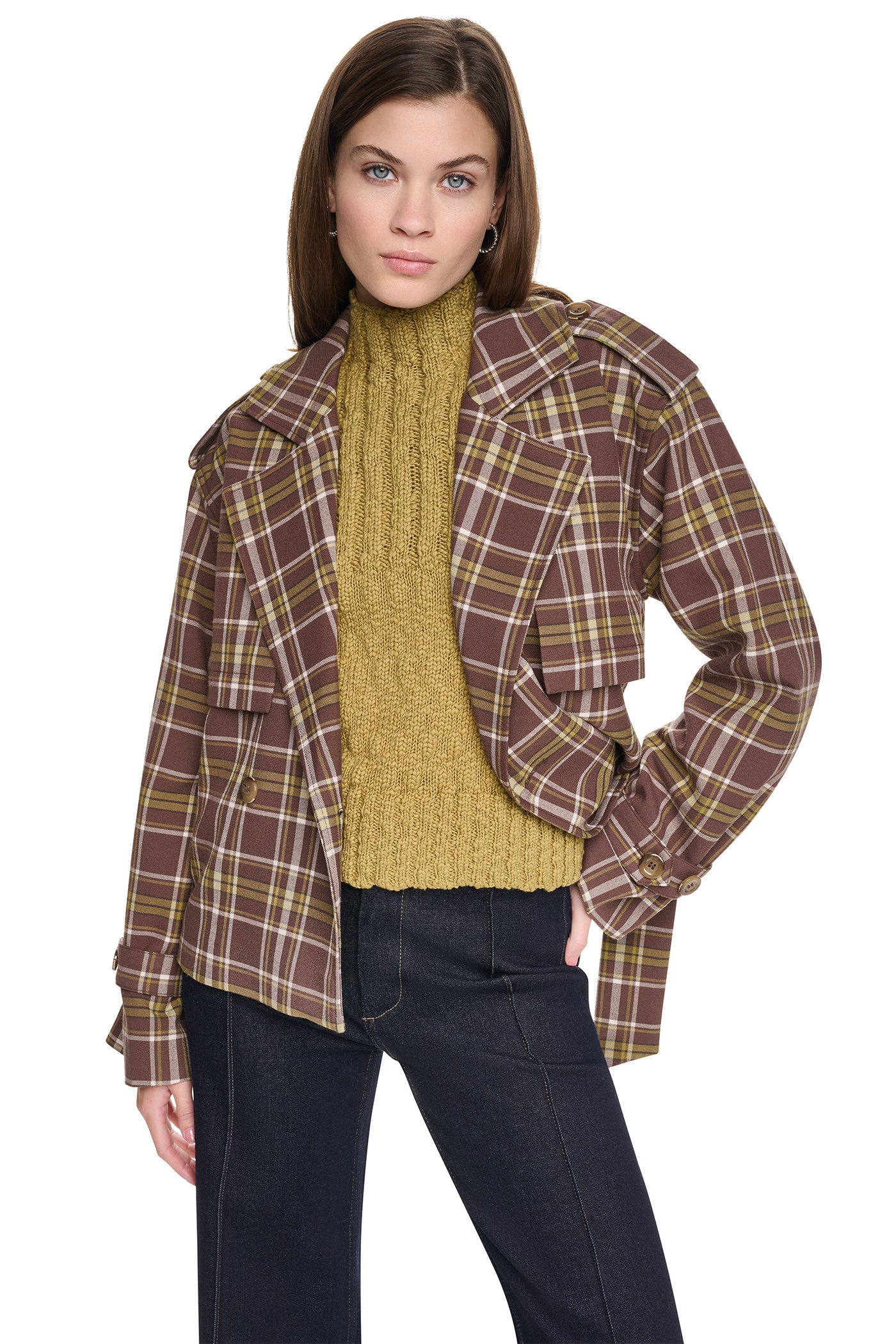 PLAID DOUBLE BREASTED SHORT TRENCH VIEW 10