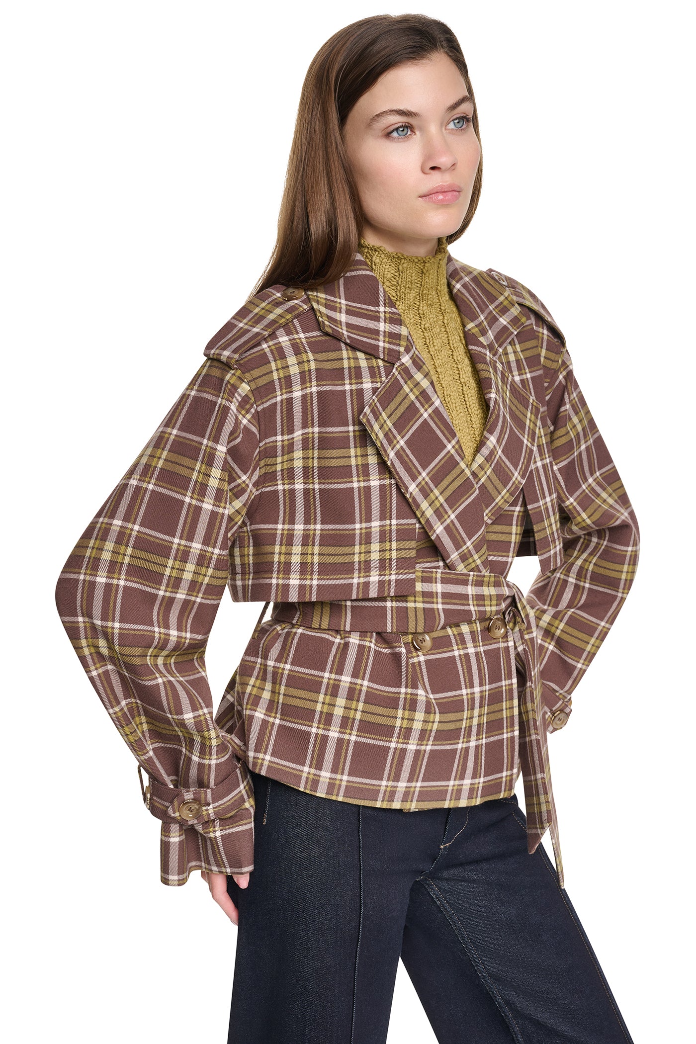 PLAID DOUBLE BREASTED SHORT TRENCH VIEW 12