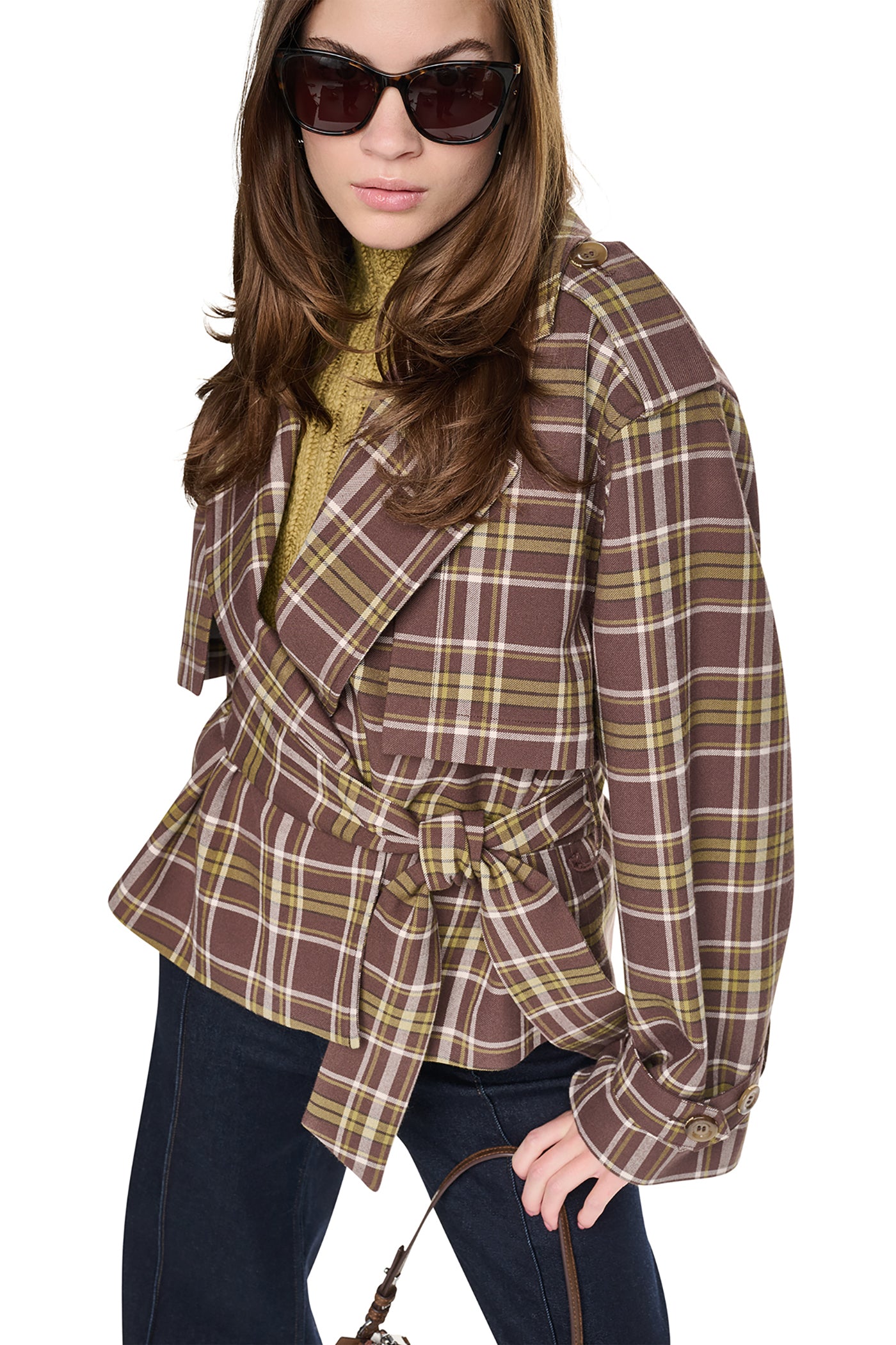 PLAID DOUBLE BREASTED SHORT TRENCH VIEW 6