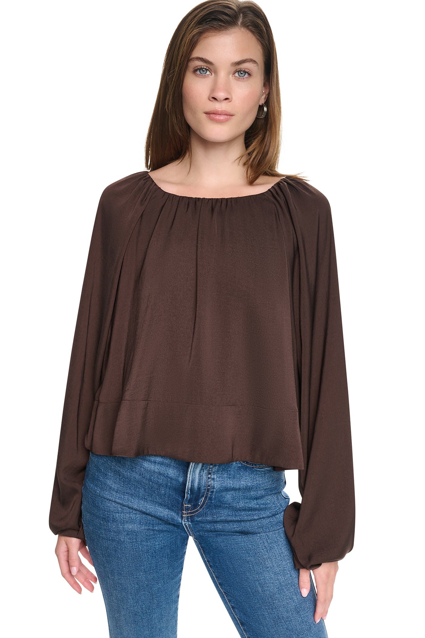 Espresso RAGLAN SLEEVE SHIRRED TOP, VIEW 2 | New clothing